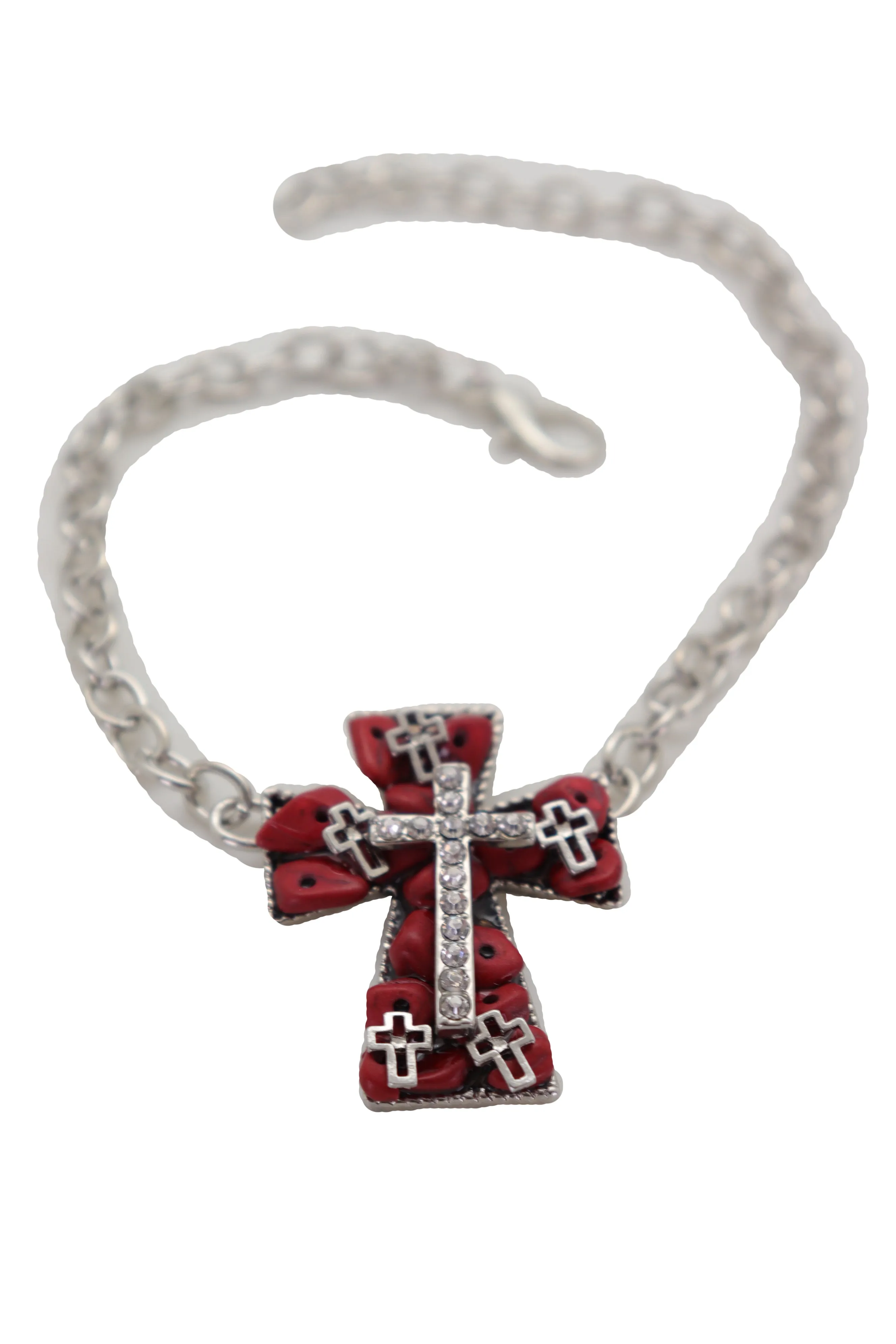 Silver Metal Chain Boot Bracelet Shoe Anklet Red Cross Charm
