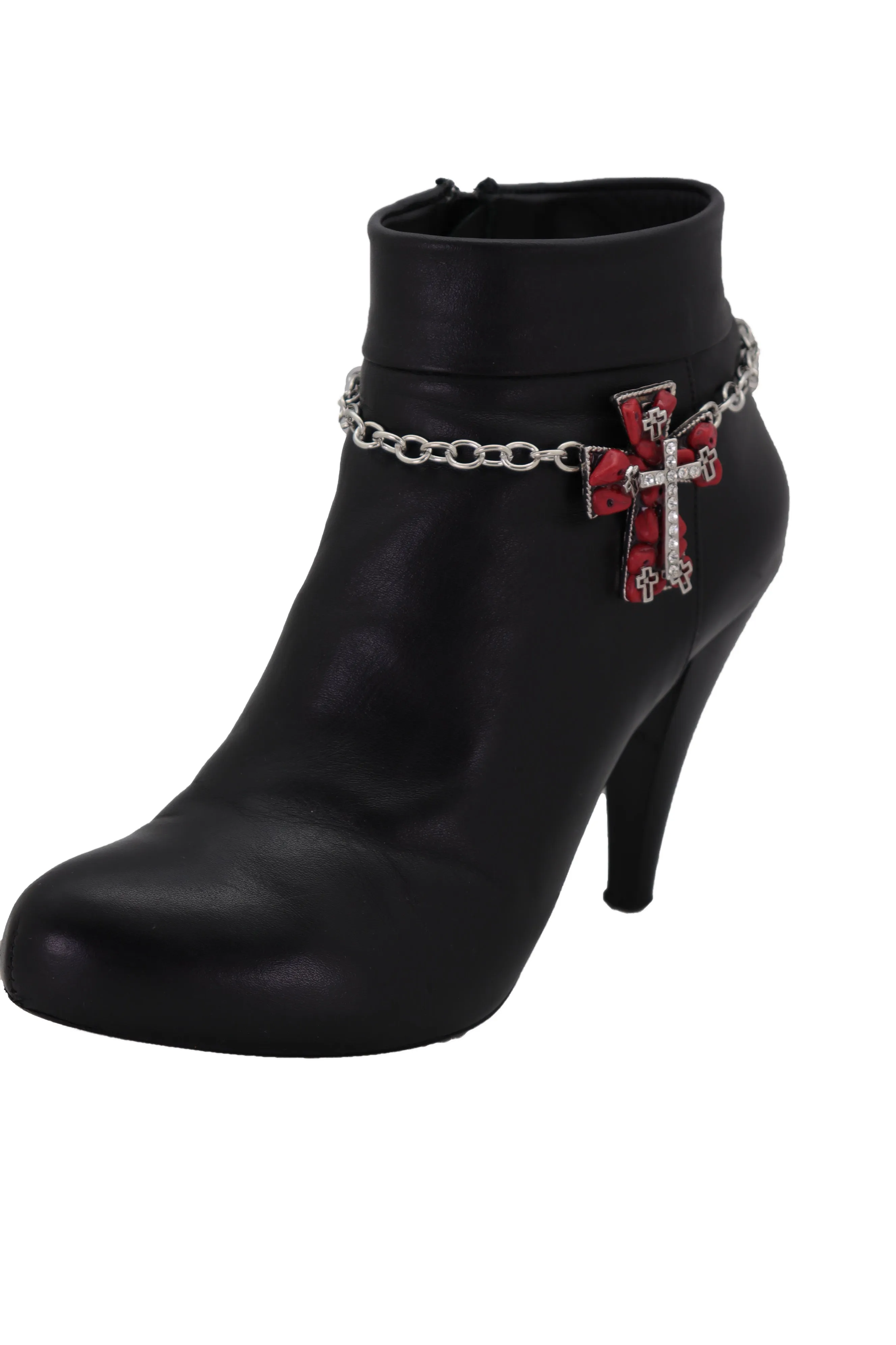 Silver Metal Chain Boot Bracelet Shoe Anklet Red Cross Charm