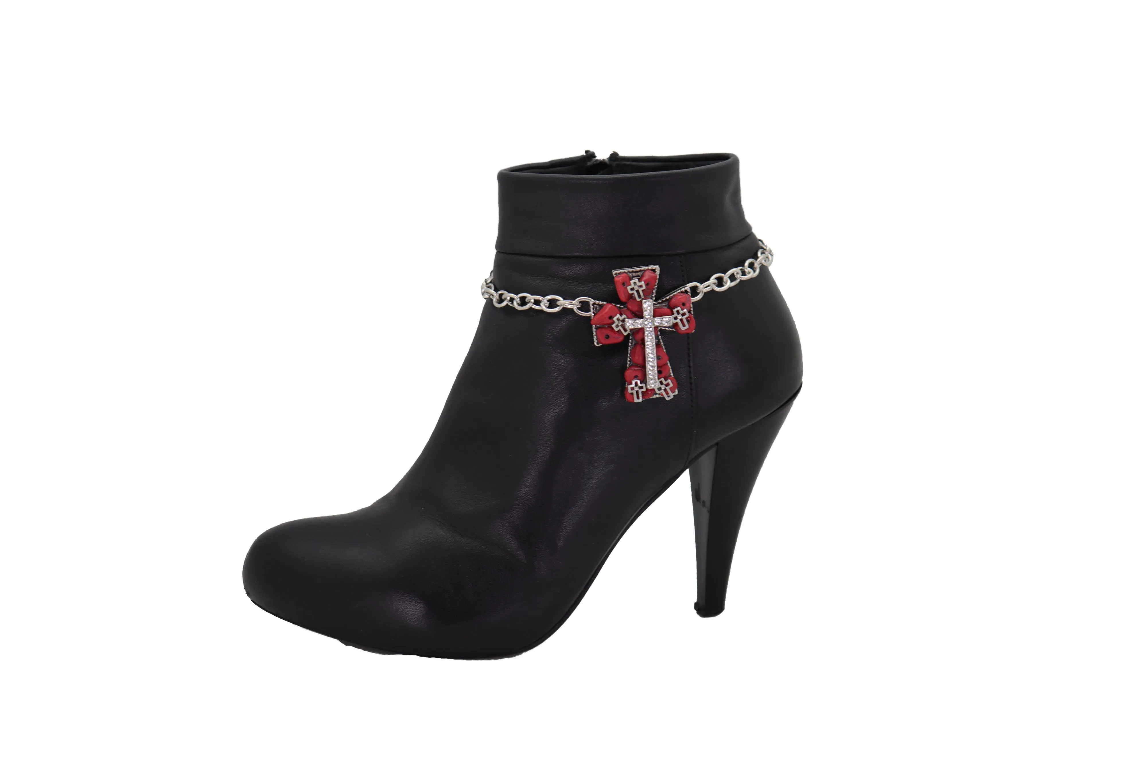 Silver Metal Chain Boot Bracelet Shoe Anklet Red Cross Charm