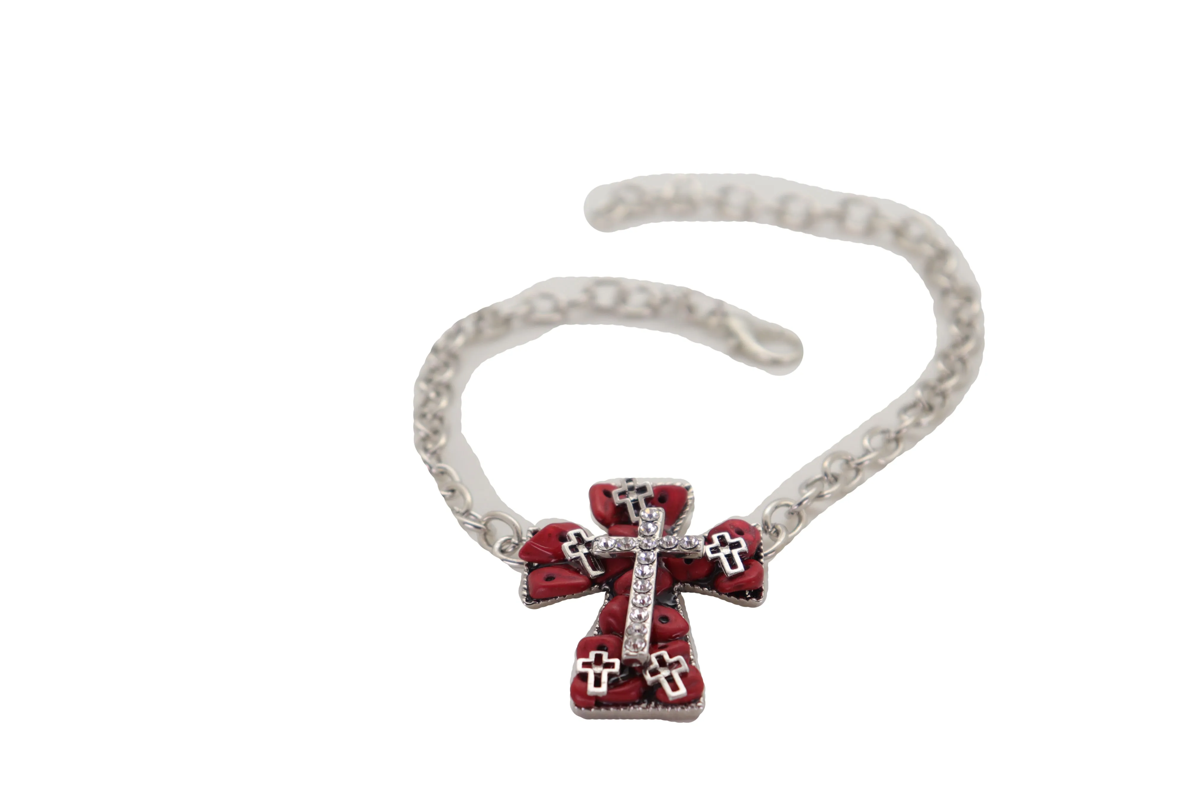 Silver Metal Chain Boot Bracelet Shoe Anklet Red Cross Charm