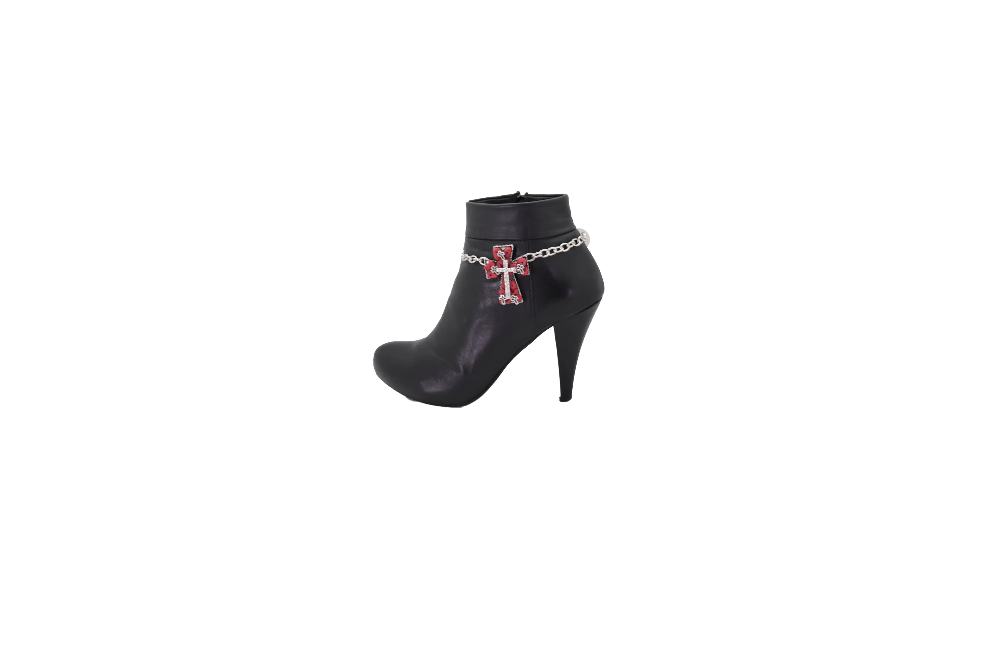 Silver Metal Chain Boot Bracelet Shoe Anklet Red Cross Charm