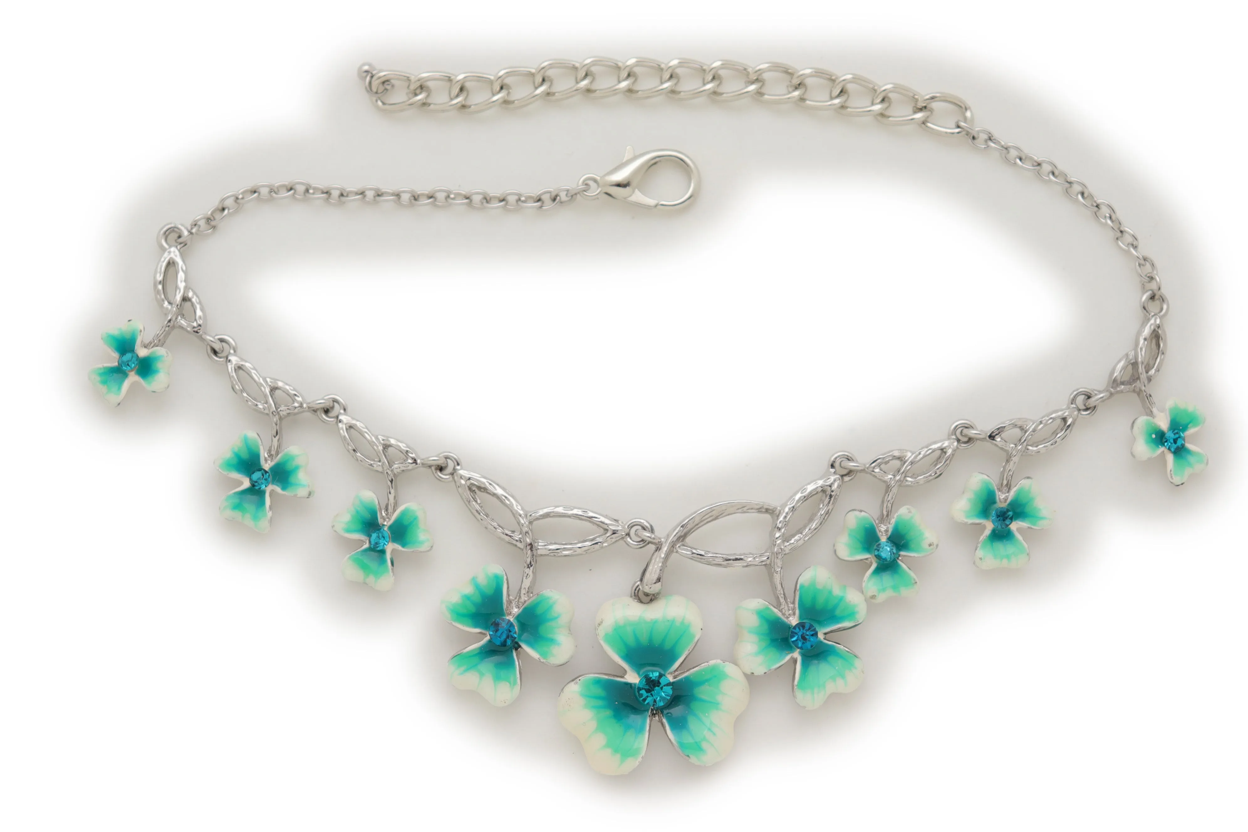 Silver Metal Chain Boot Bracelet Shoe Bright Baby Blue Clover Flower Charm