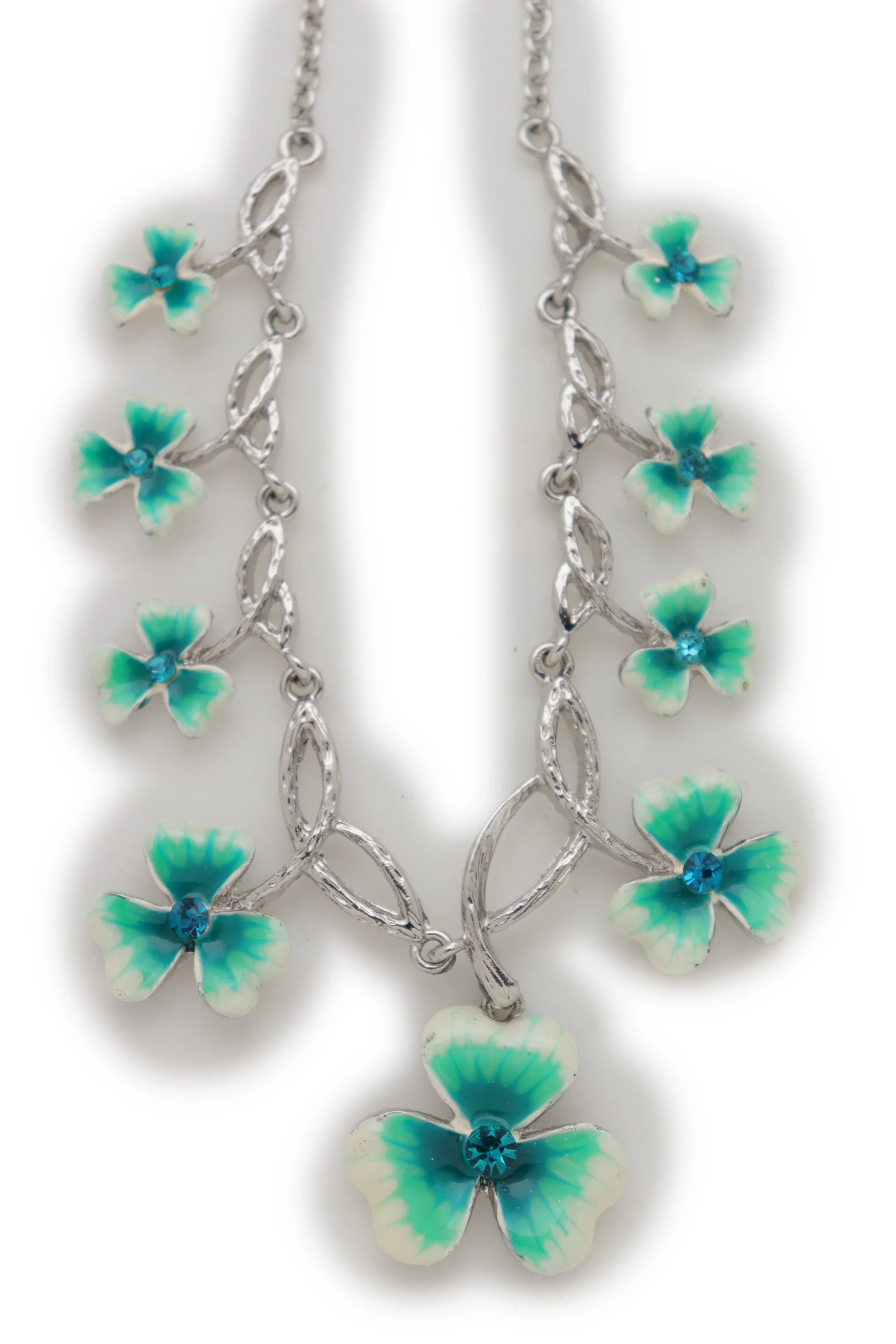 Silver Metal Chain Boot Bracelet Shoe Bright Baby Blue Clover Flower Charm