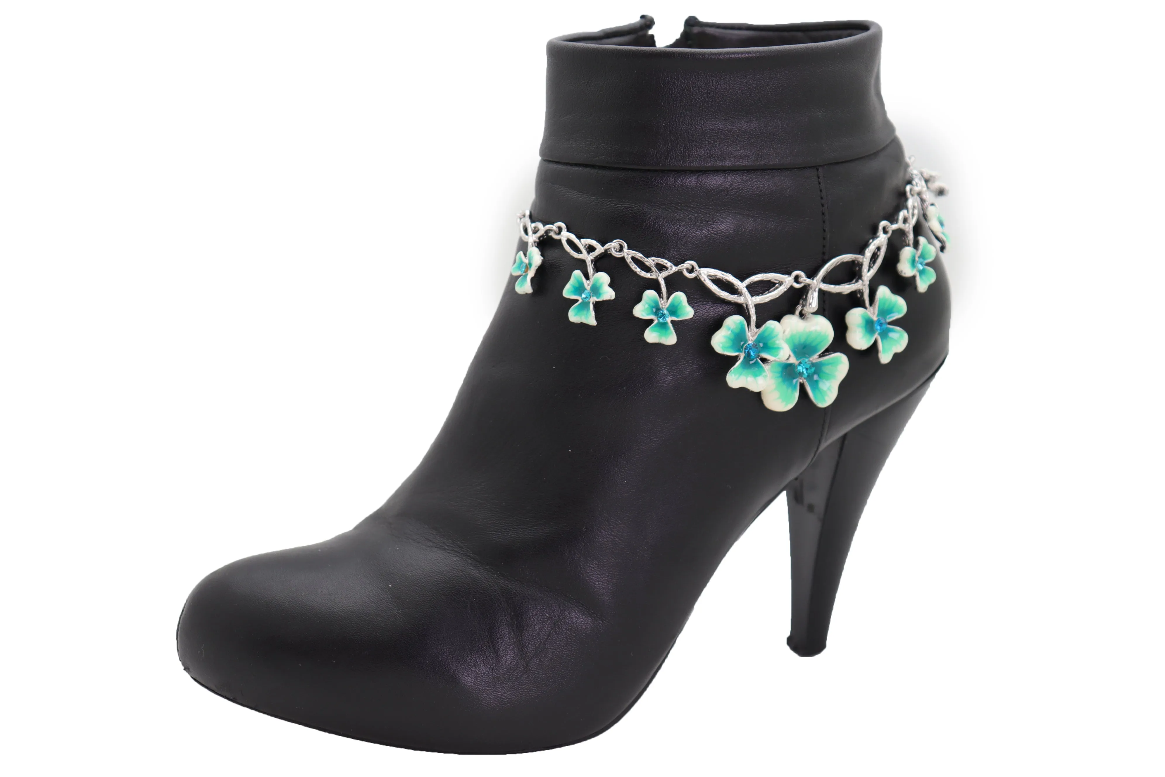 Silver Metal Chain Boot Bracelet Shoe Bright Baby Blue Clover Flower Charm