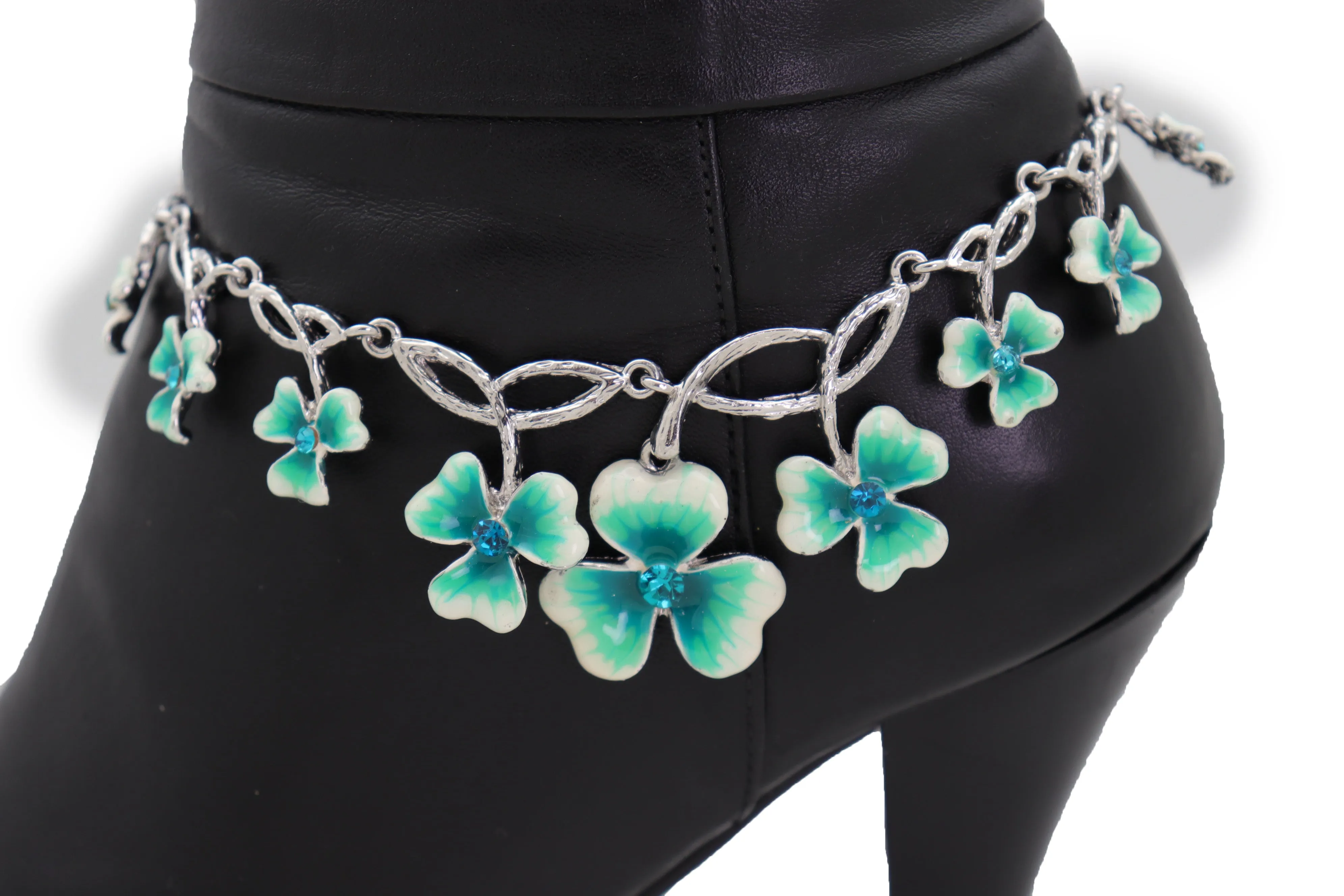 Silver Metal Chain Boot Bracelet Shoe Bright Baby Blue Clover Flower Charm