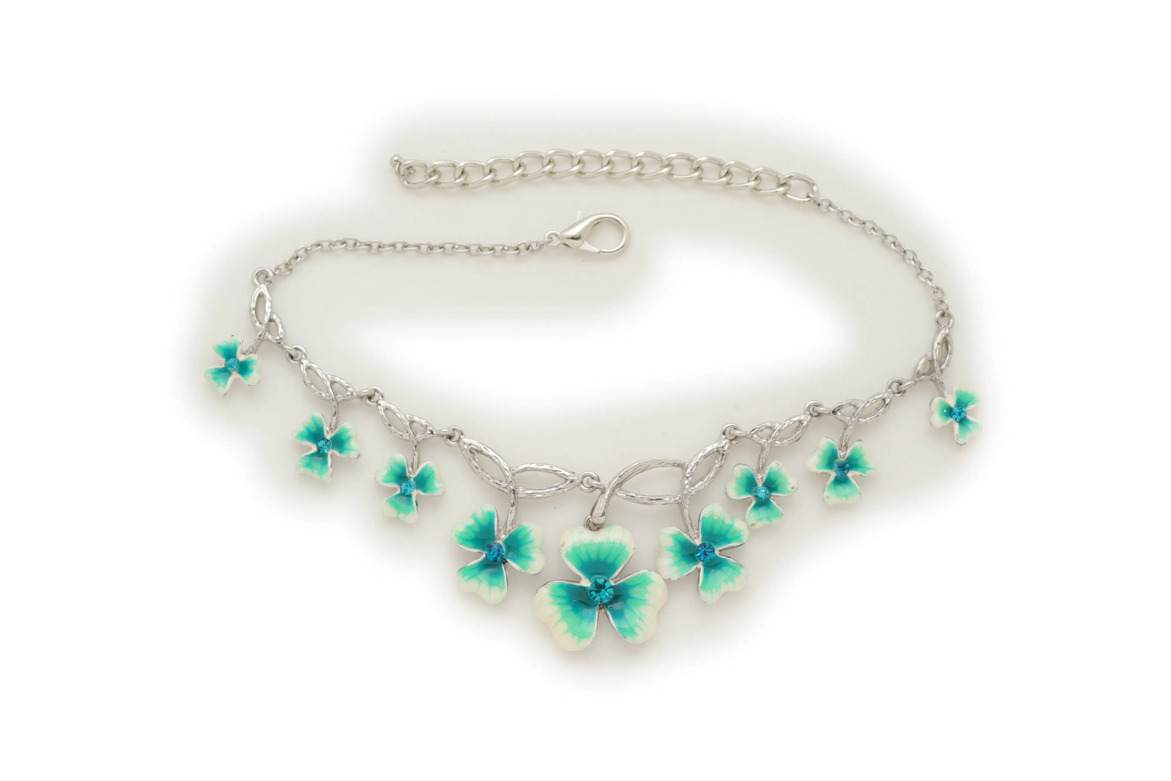 Silver Metal Chain Boot Bracelet Shoe Bright Baby Blue Clover Flower Charm