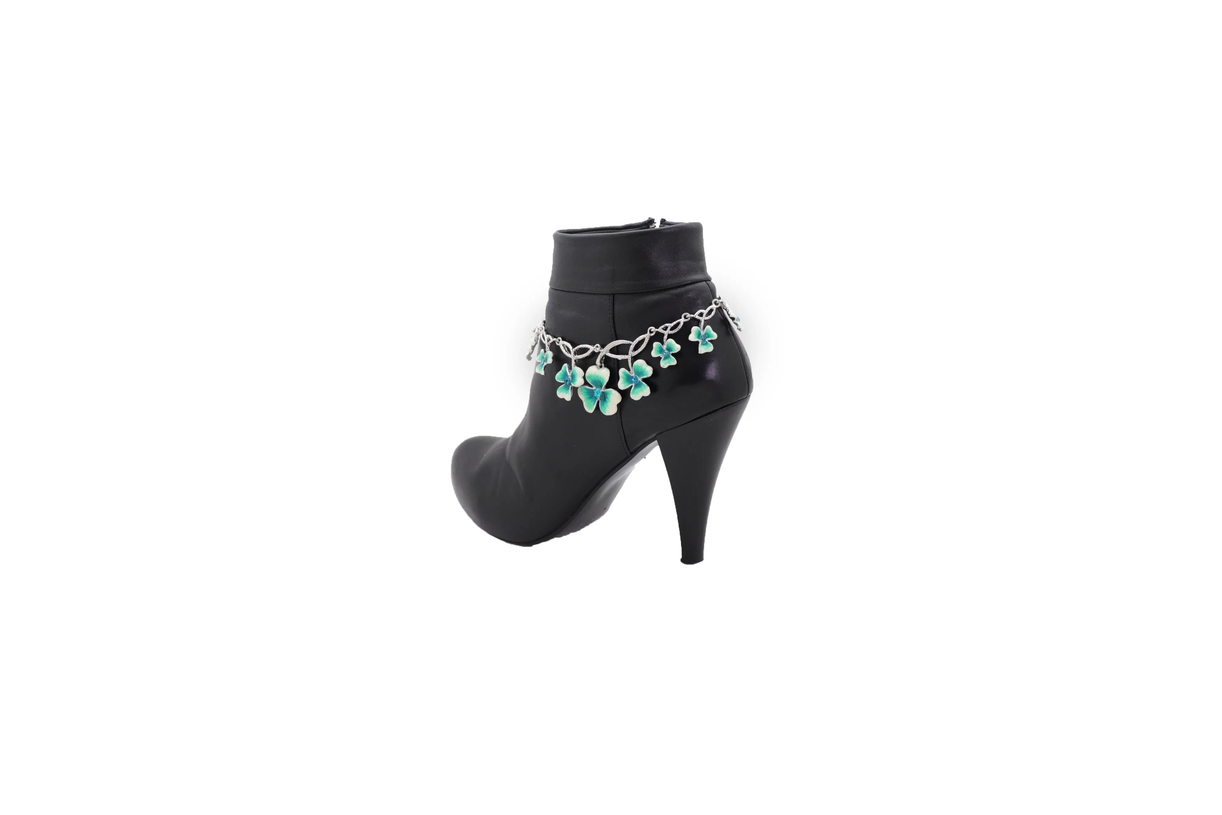 Silver Metal Chain Boot Bracelet Shoe Bright Baby Blue Clover Flower Charm
