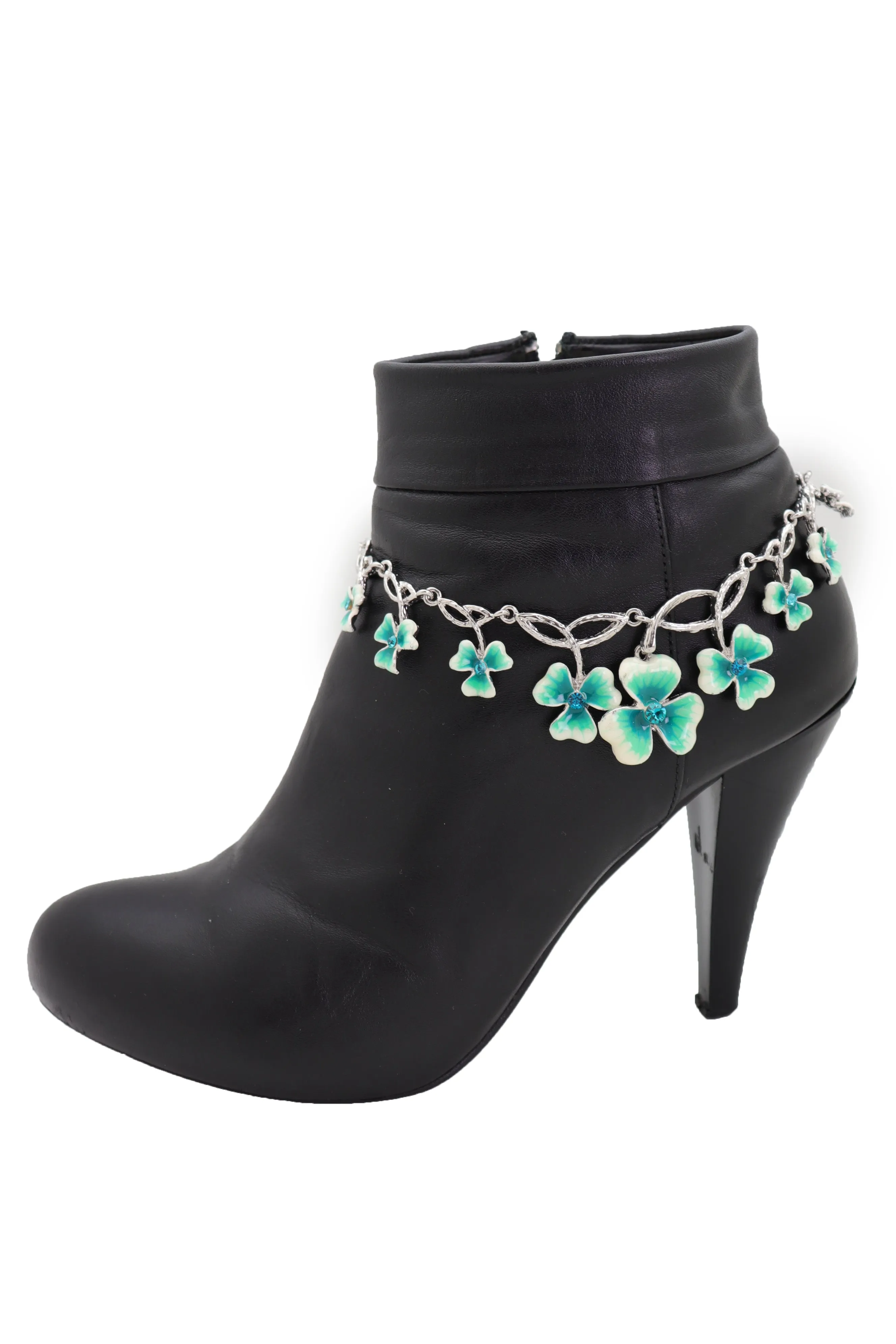 Silver Metal Chain Boot Bracelet Shoe Bright Baby Blue Clover Flower Charm