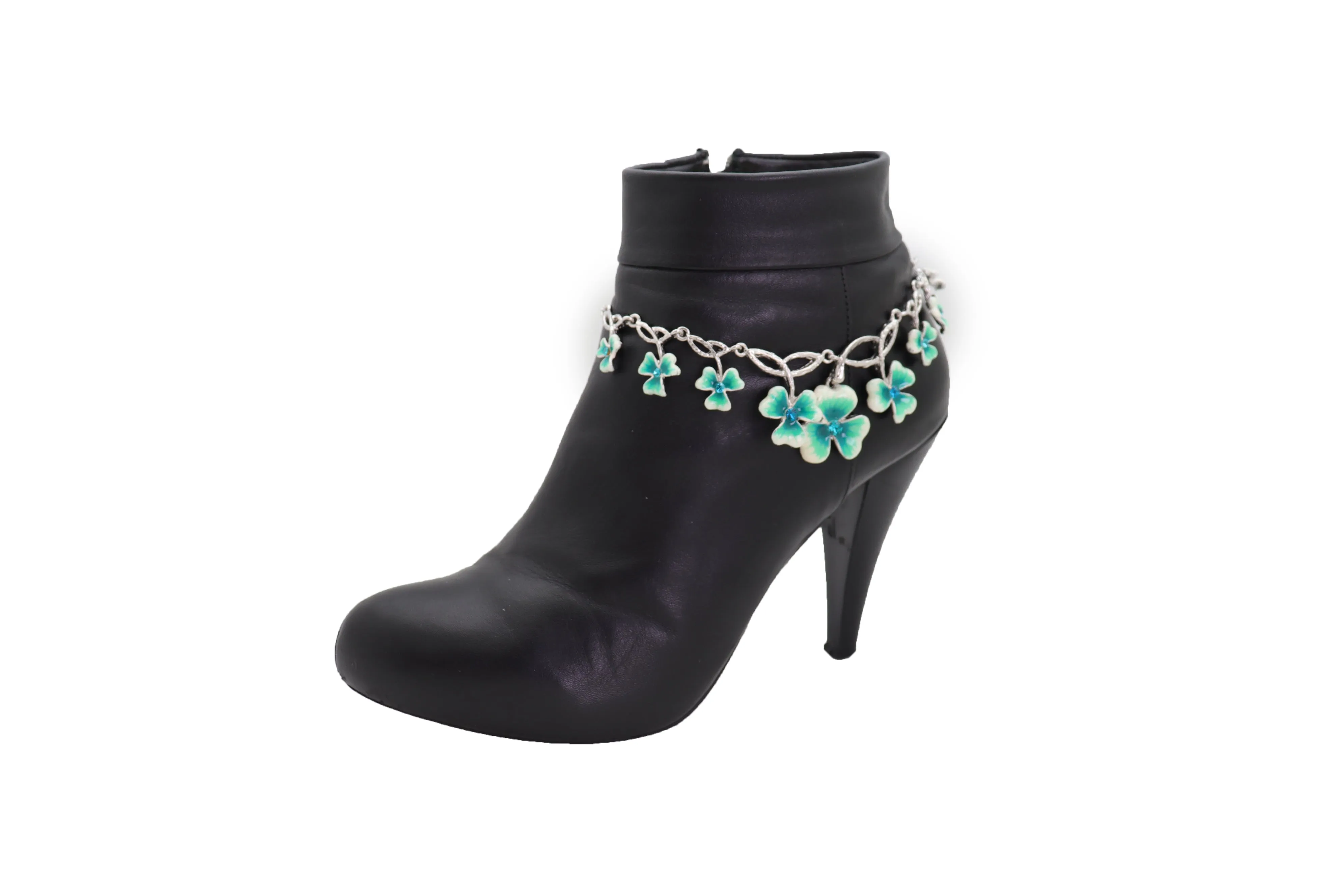 Silver Metal Chain Boot Bracelet Shoe Bright Baby Blue Clover Flower Charm