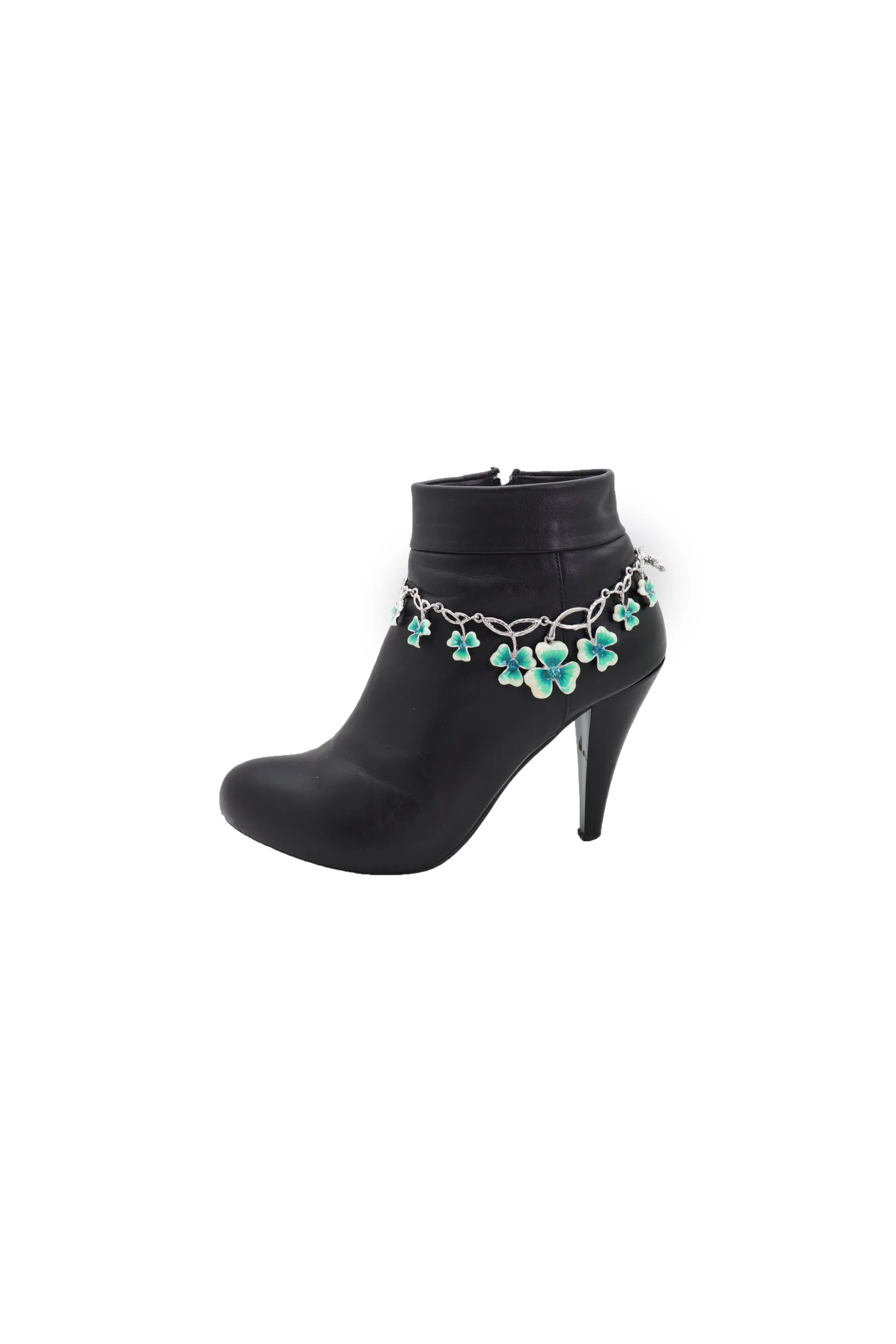 Silver Metal Chain Boot Bracelet Shoe Bright Baby Blue Clover Flower Charm