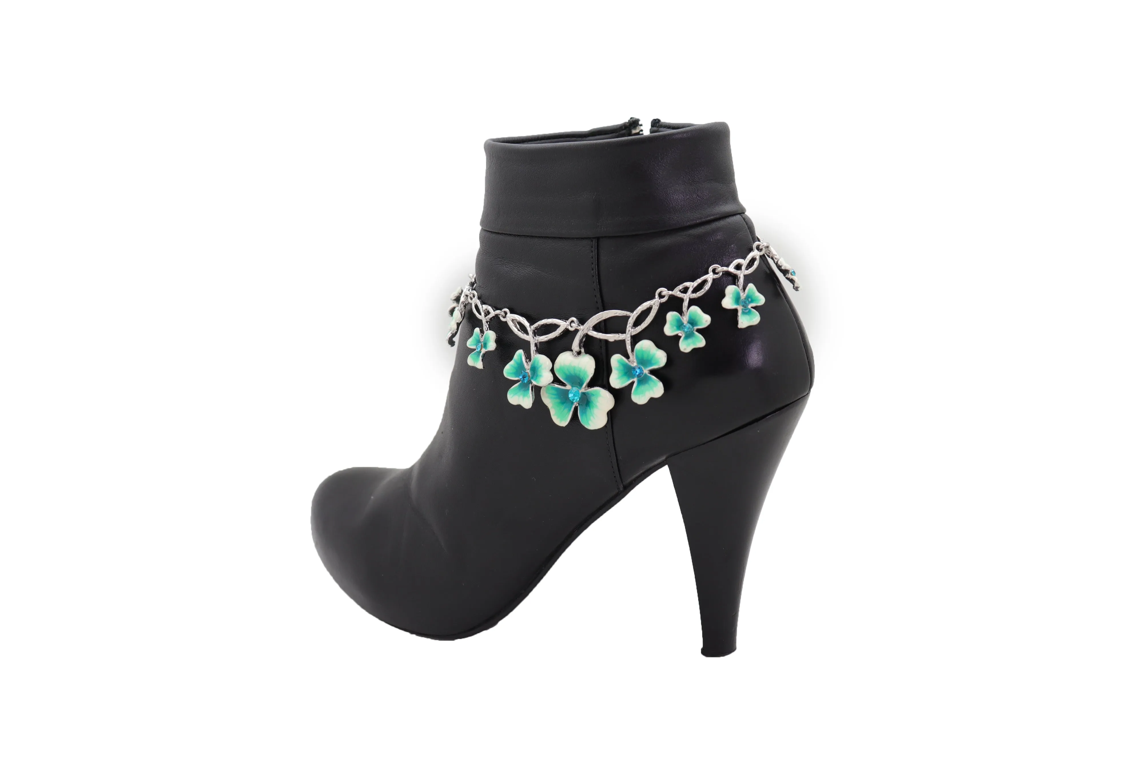 Silver Metal Chain Boot Bracelet Shoe Bright Baby Blue Clover Flower Charm