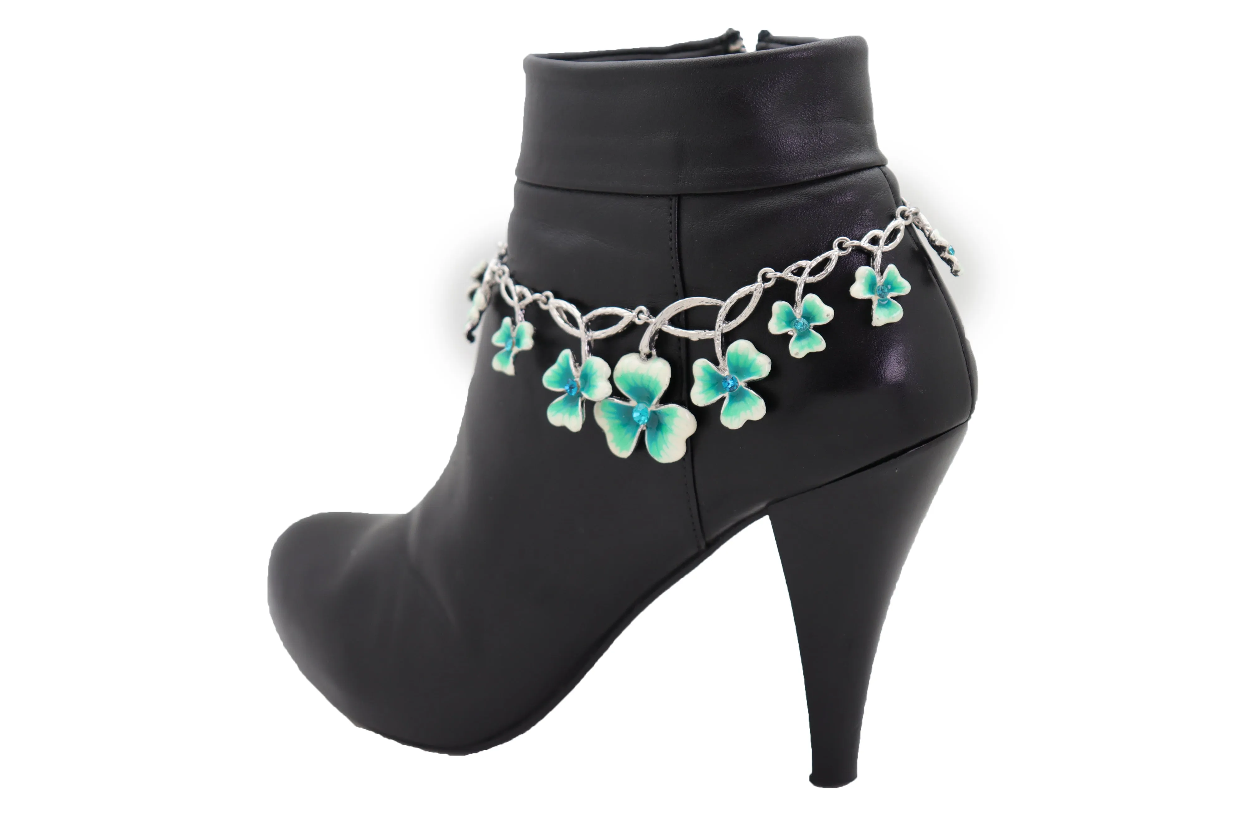 Silver Metal Chain Boot Bracelet Shoe Bright Baby Blue Clover Flower Charm