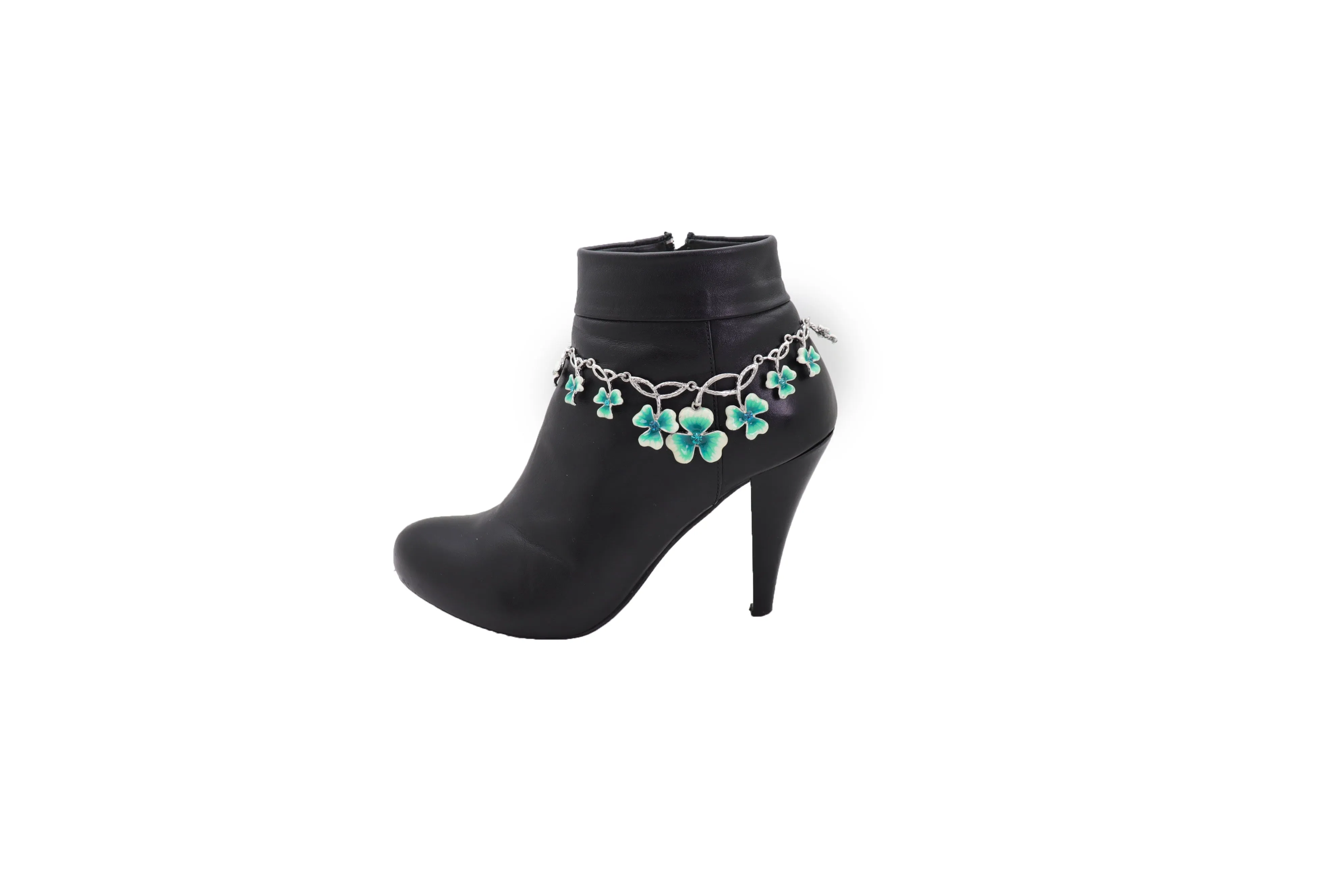 Silver Metal Chain Boot Bracelet Shoe Bright Baby Blue Clover Flower Charm