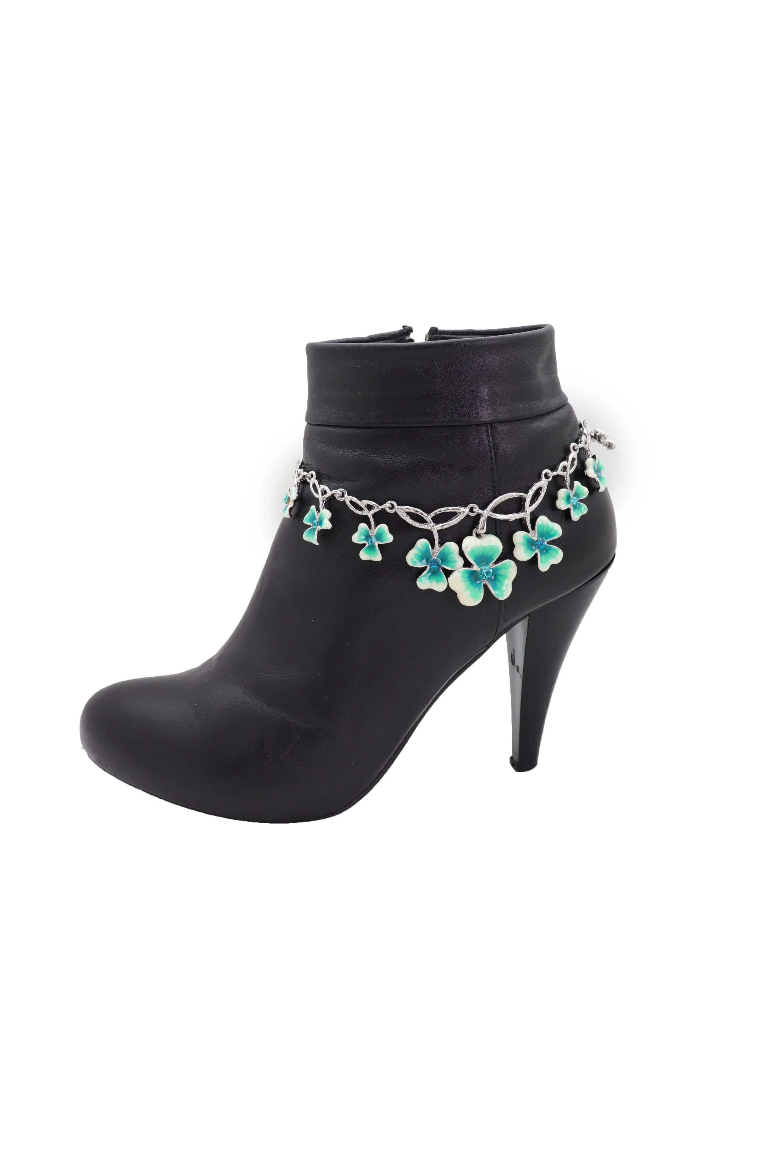 Silver Metal Chain Boot Bracelet Shoe Bright Baby Blue Clover Flower Charm
