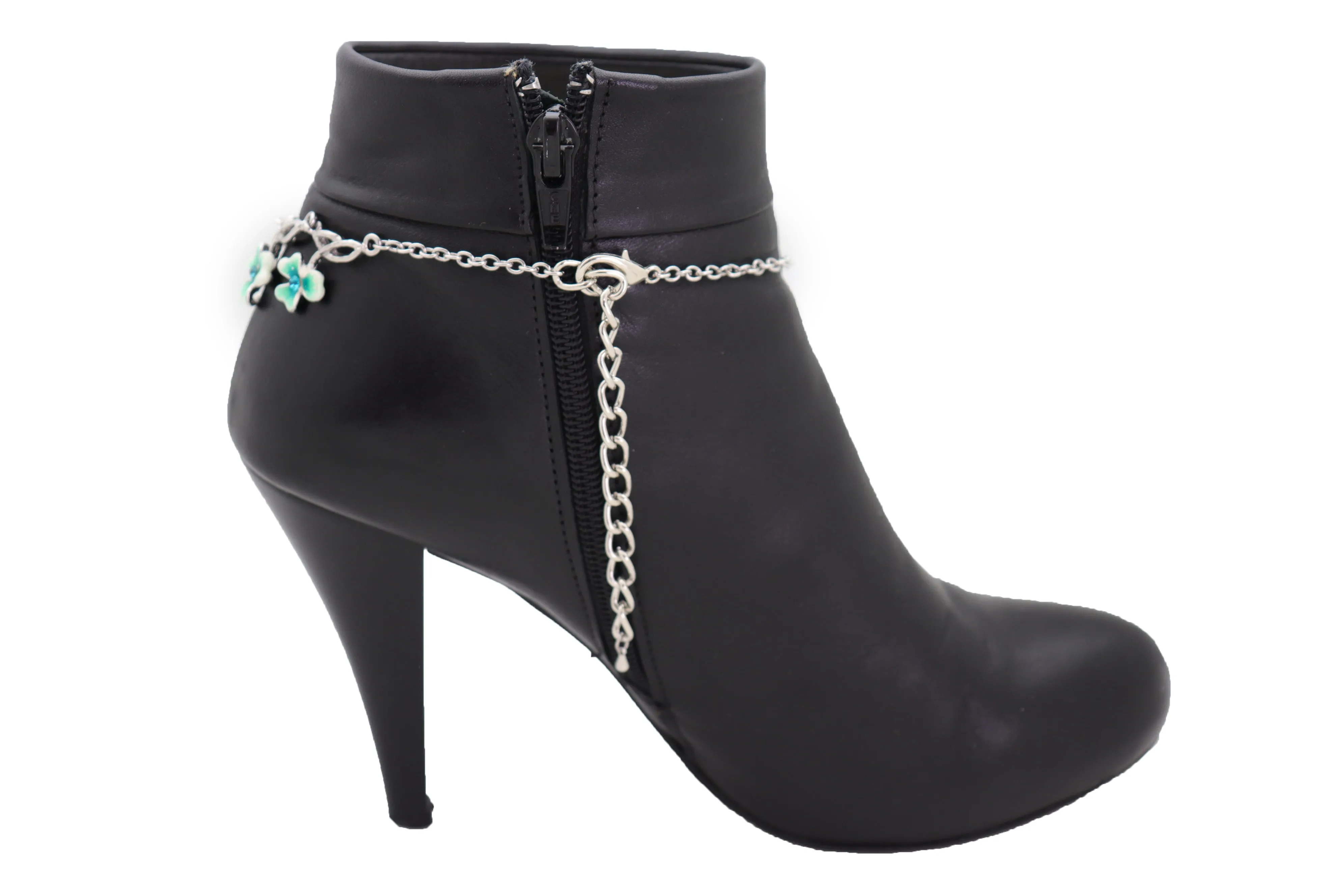 Silver Metal Chain Boot Bracelet Shoe Bright Baby Blue Clover Flower Charm