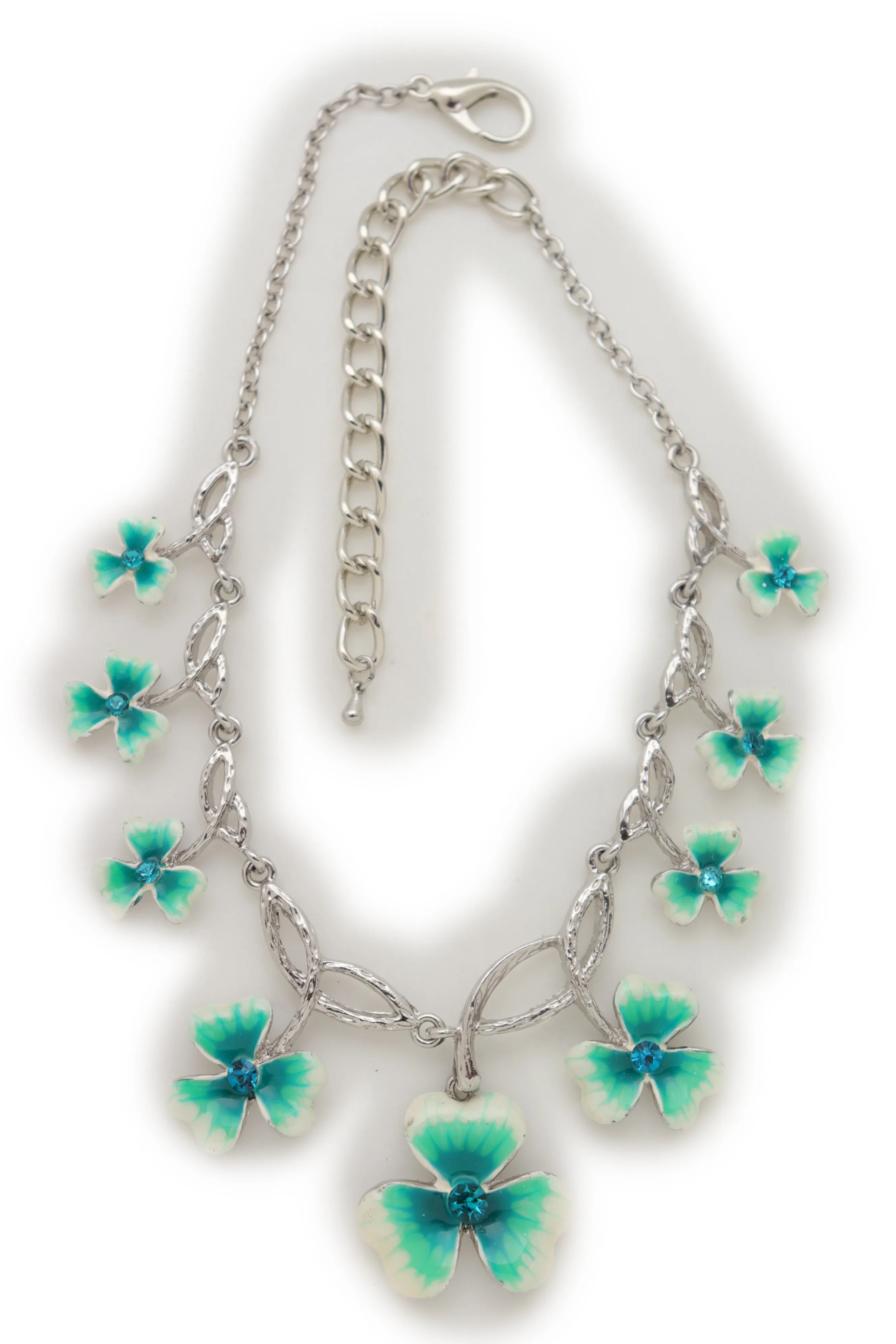 Silver Metal Chain Boot Bracelet Shoe Bright Baby Blue Clover Flower Charm