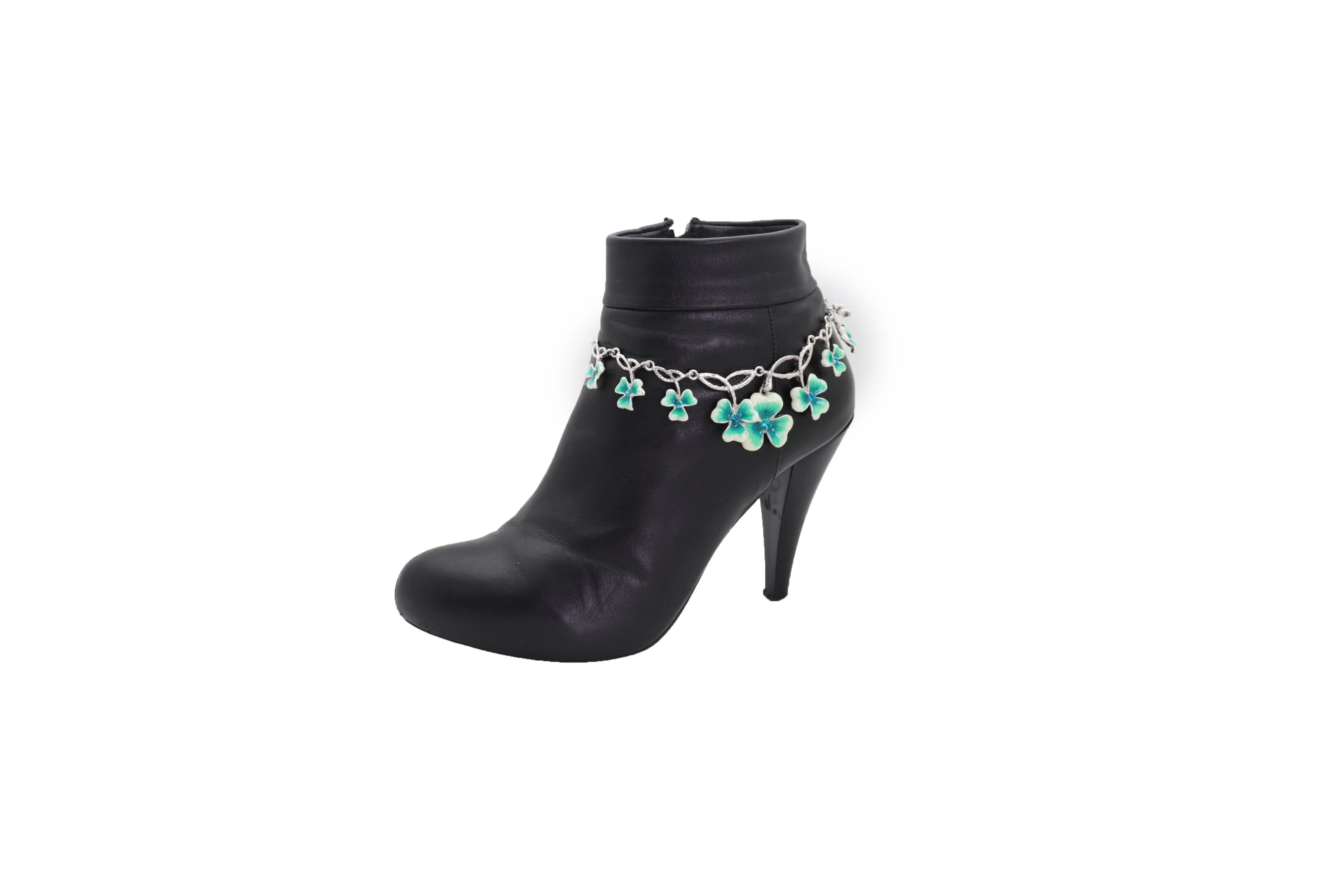 Silver Metal Chain Boot Bracelet Shoe Bright Baby Blue Clover Flower Charm