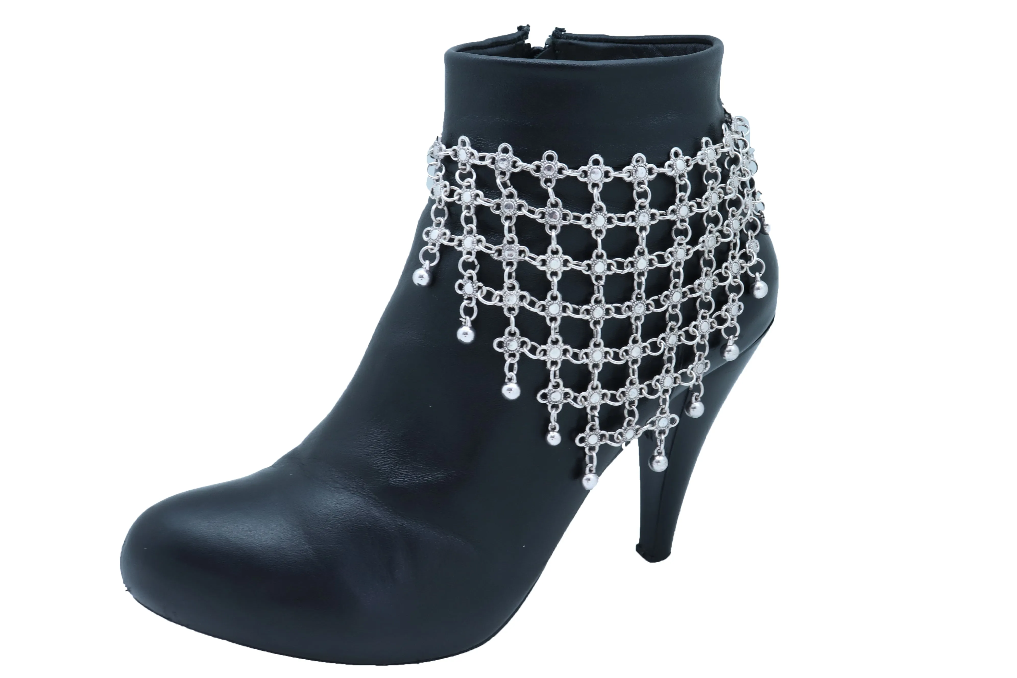Silver Metal Chain Boot Bracelet Shoe Flower Net Charm Western Anklet Bell