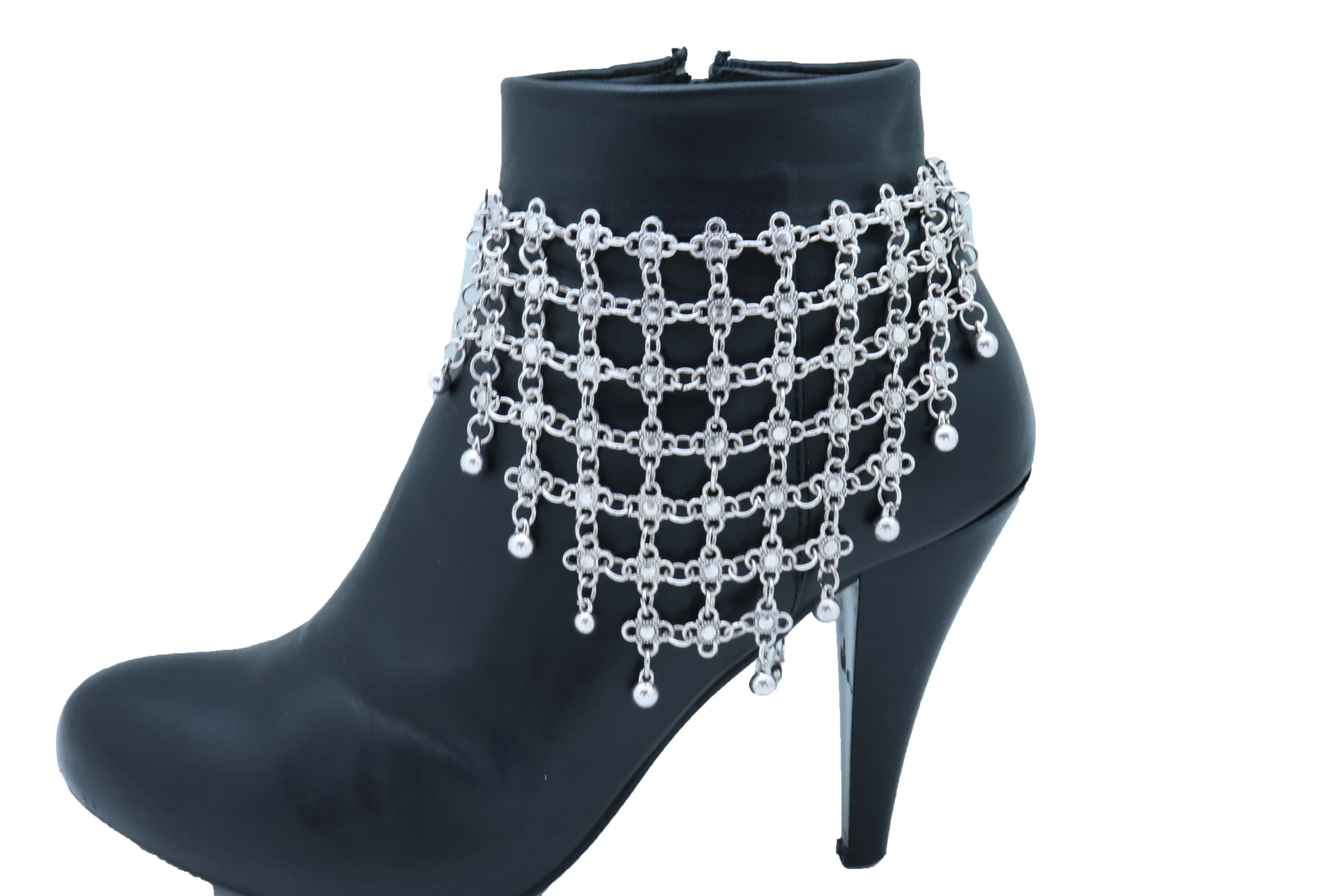 Silver Metal Chain Boot Bracelet Shoe Flower Net Charm Western Anklet Bell