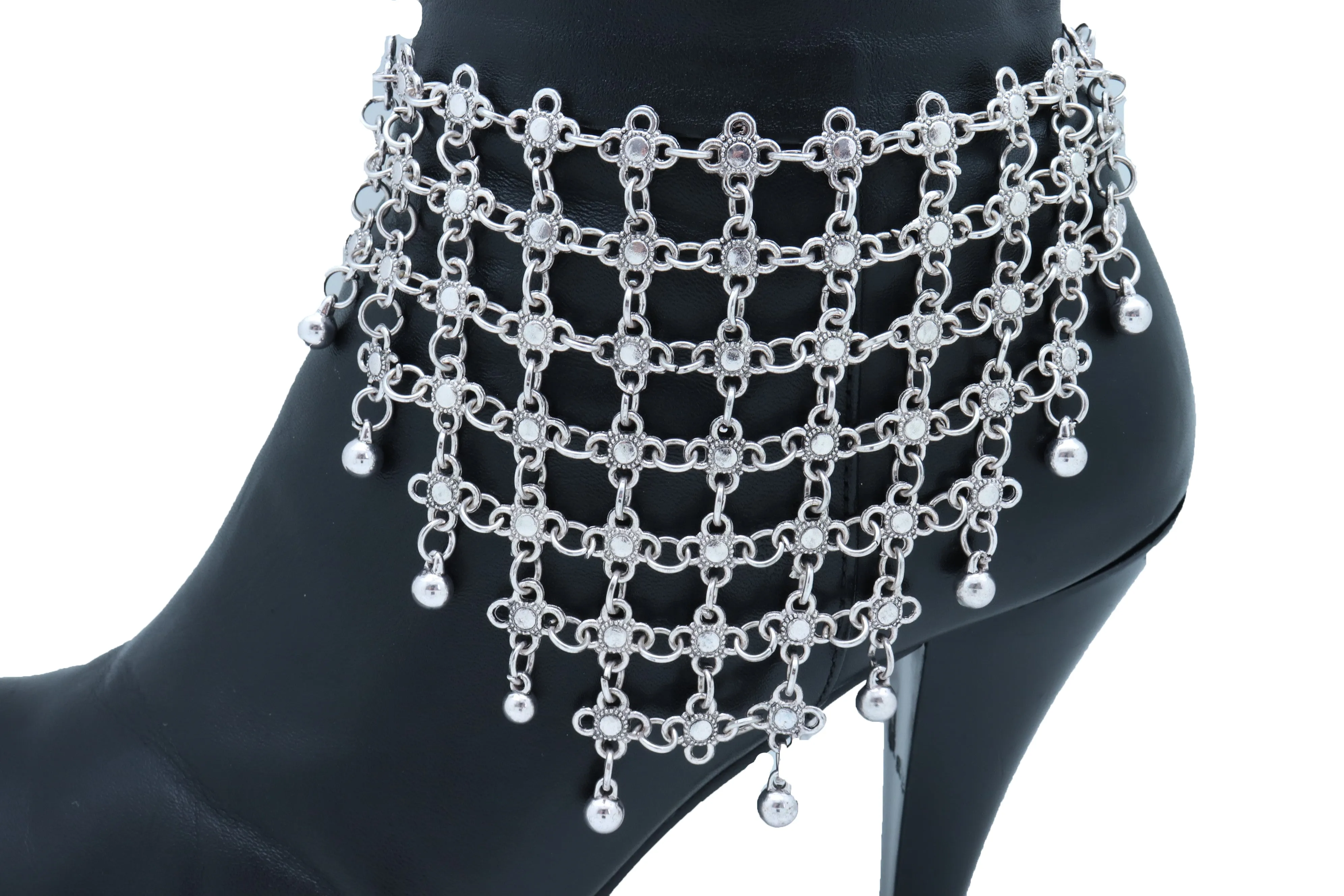 Silver Metal Chain Boot Bracelet Shoe Flower Net Charm Western Anklet Bell