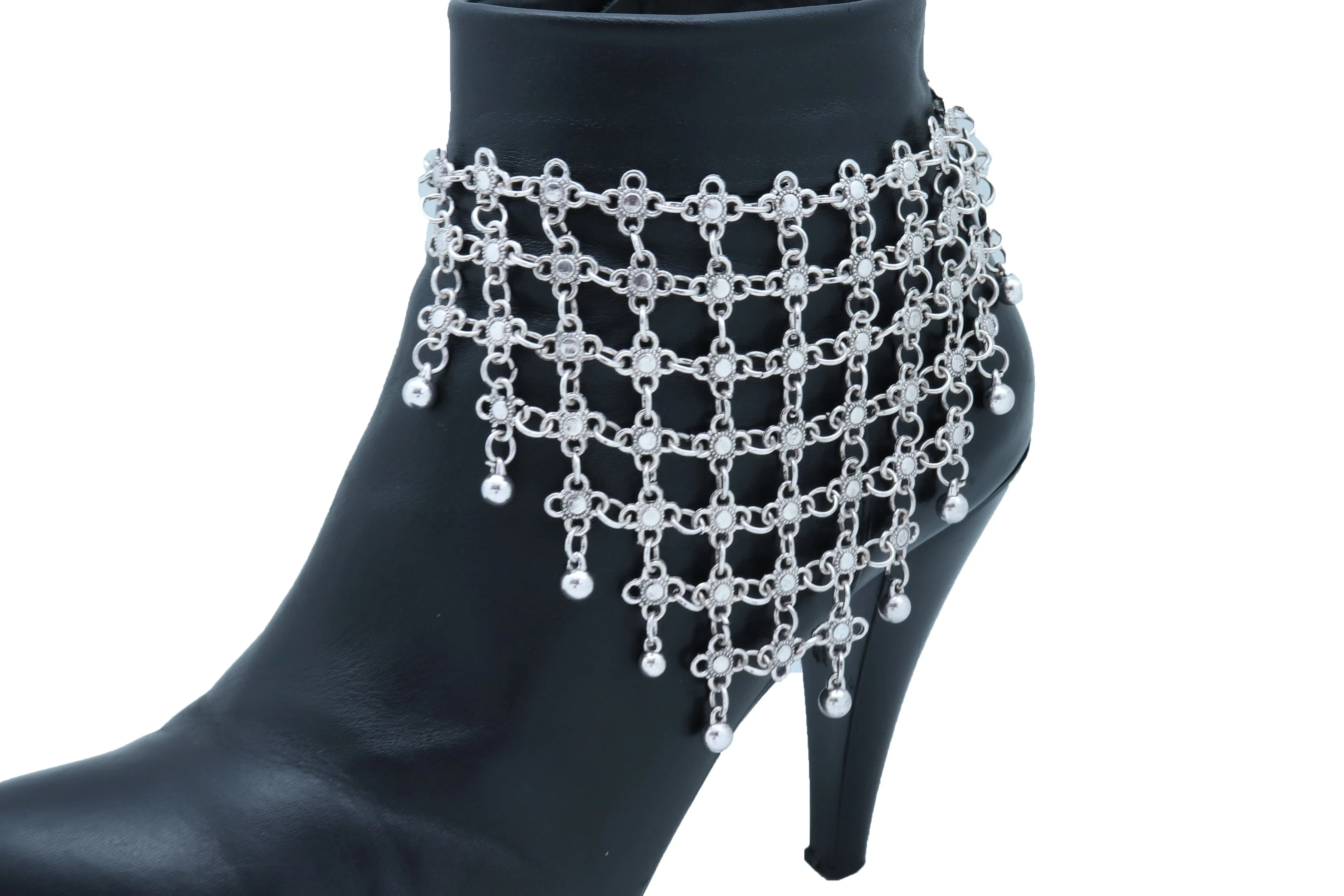Silver Metal Chain Boot Bracelet Shoe Flower Net Charm Western Anklet Bell
