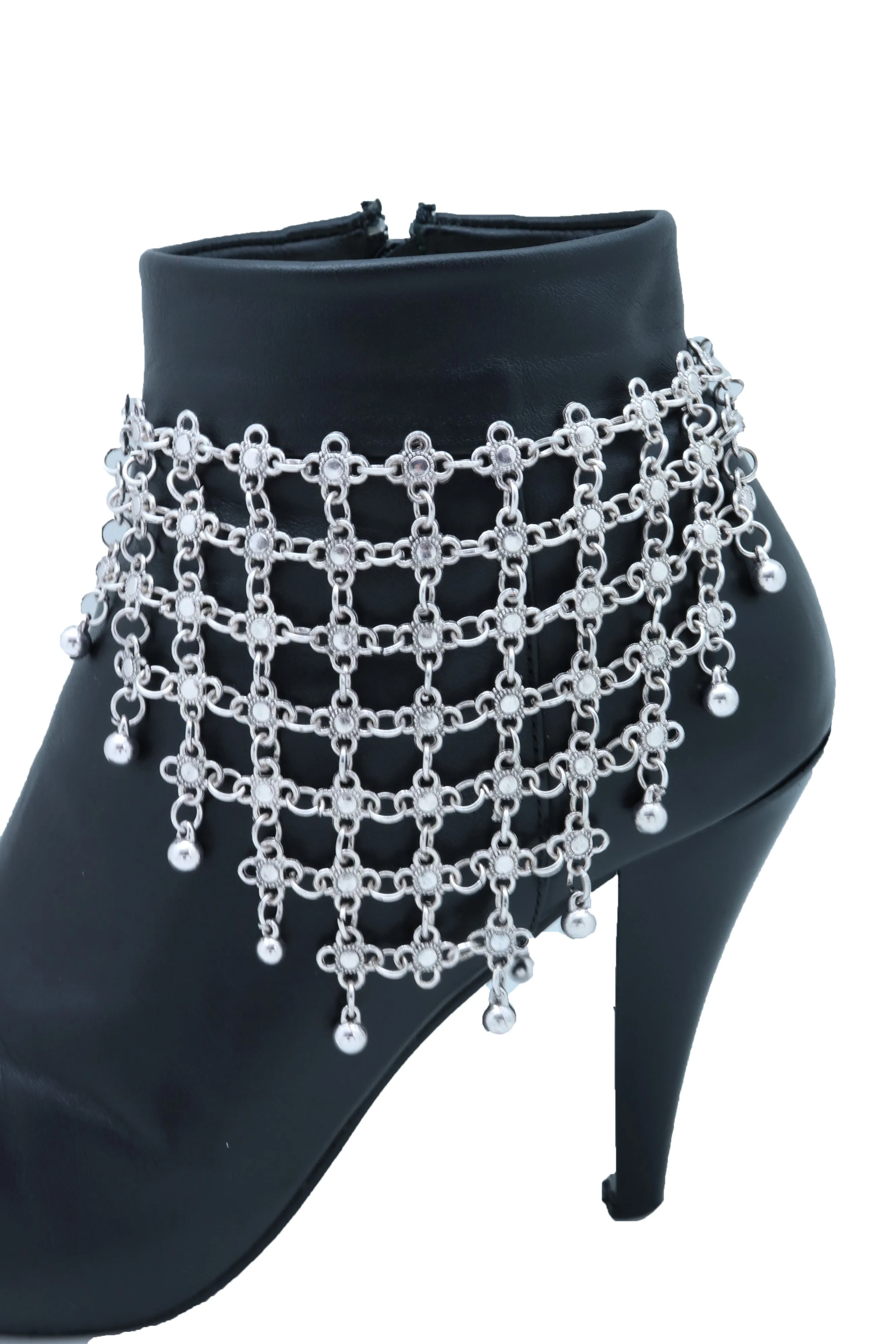 Silver Metal Chain Boot Bracelet Shoe Flower Net Charm Western Anklet Bell