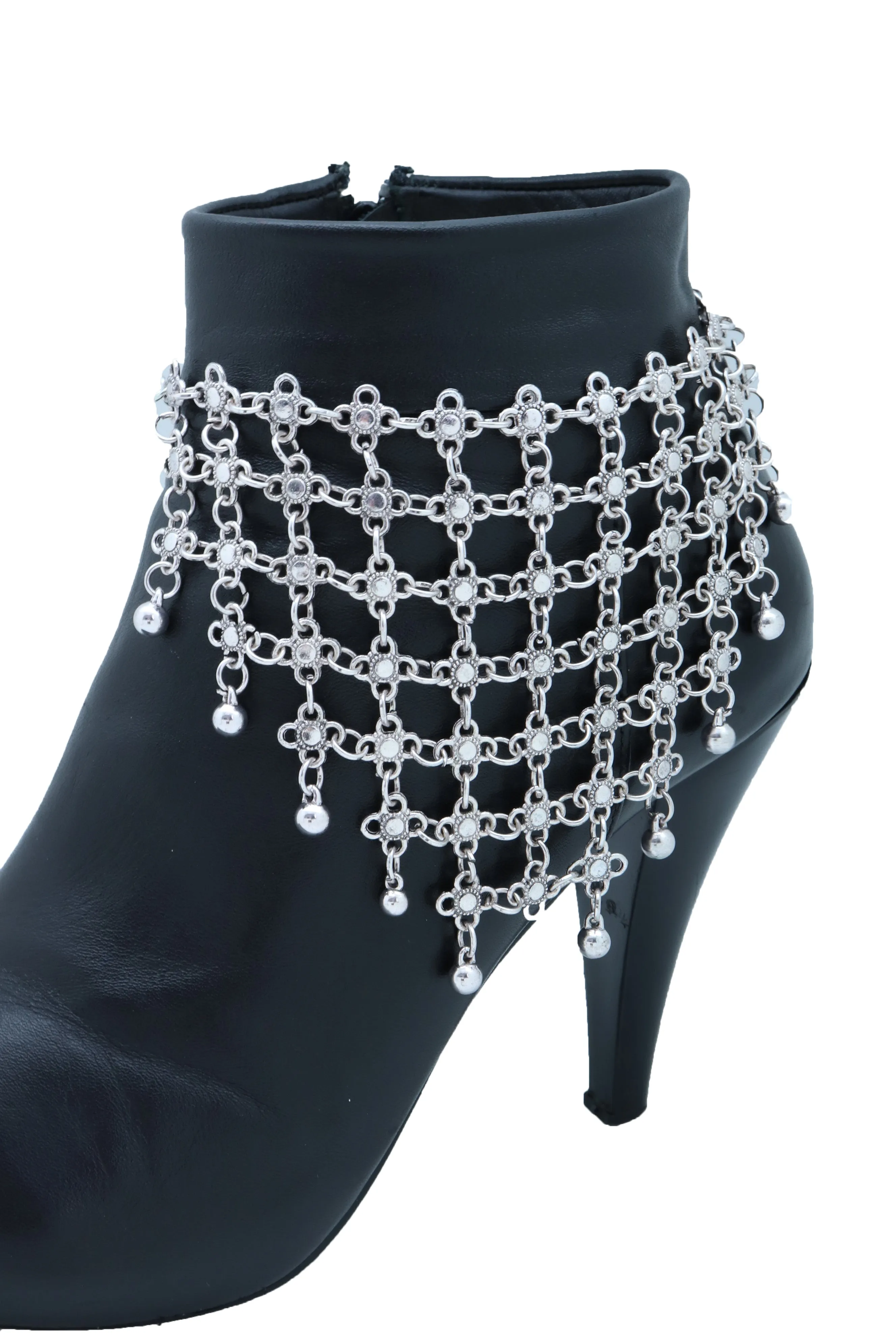 Silver Metal Chain Boot Bracelet Shoe Flower Net Charm Western Anklet Bell