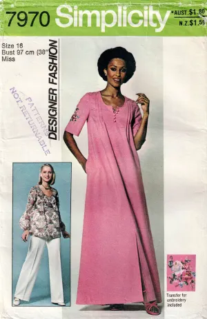 Simplicity 7970 Designer Womens Caftan Dress Top & Pants with Embroidery Trim 1970s Vintage Sewing Pattern Size 16 Bust 38 inches UNCUT Factory Folded