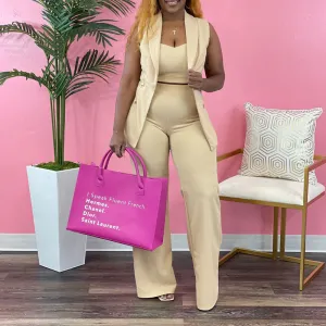 Solid Button Detailed 3PCS Wide Leg Pants Set