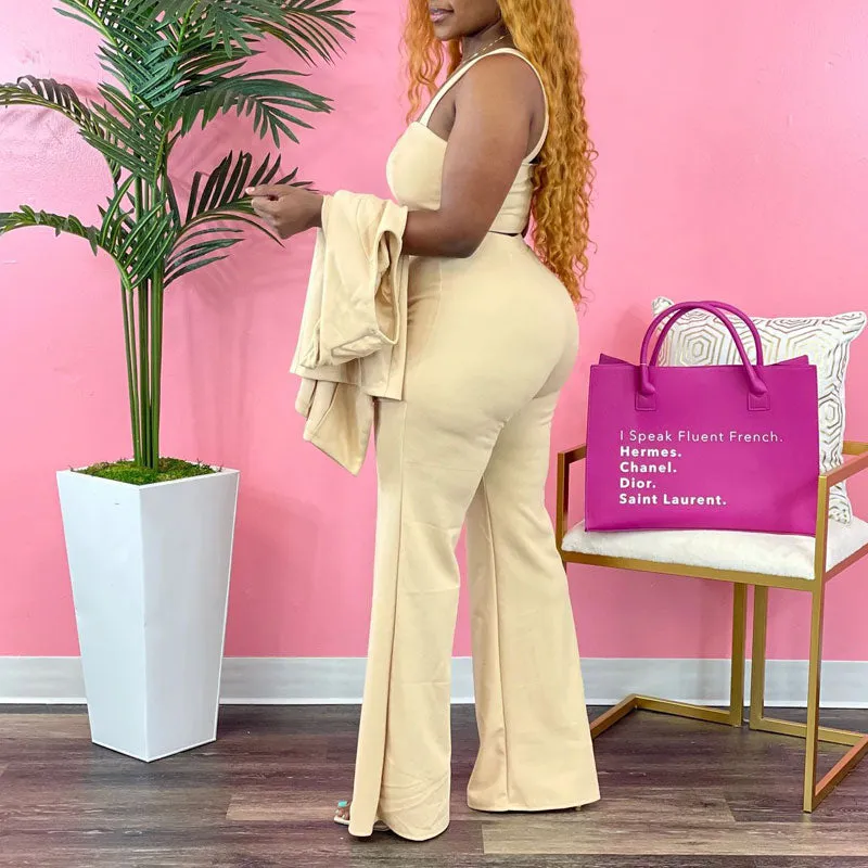 Solid Button Detailed 3PCS Wide Leg Pants Set
