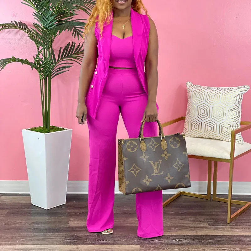 Solid Button Detailed 3PCS Wide Leg Pants Set