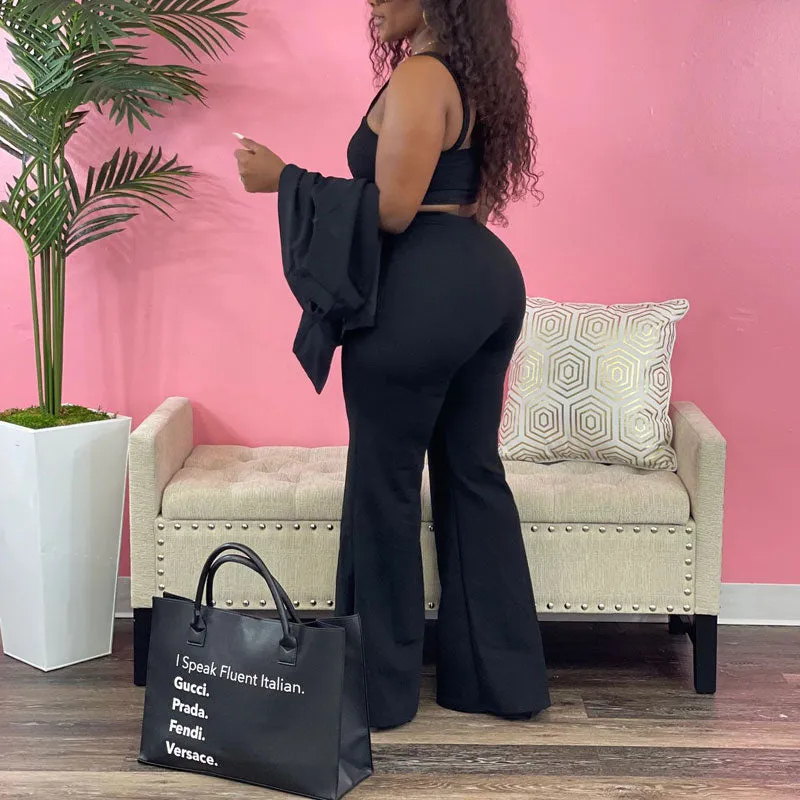 Solid Button Detailed 3PCS Wide Leg Pants Set