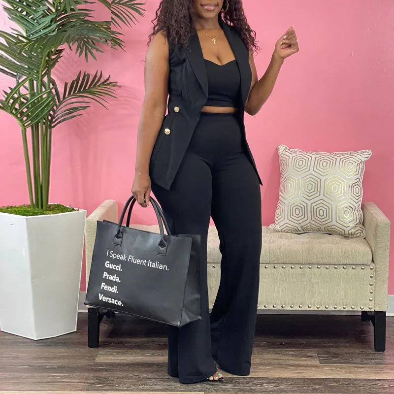 Solid Button Detailed 3PCS Wide Leg Pants Set