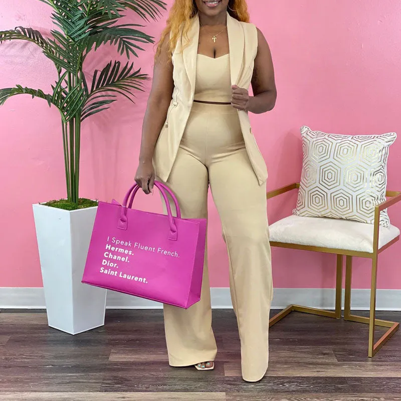 Solid Button Detailed 3PCS Wide Leg Pants Set