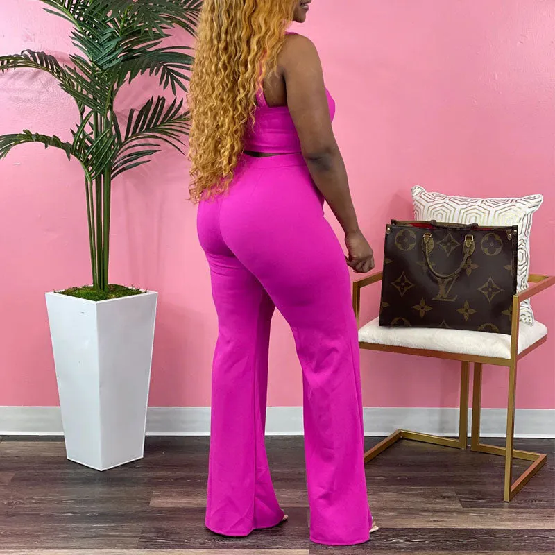 Solid Button Detailed 3PCS Wide Leg Pants Set