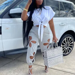 Solid High Waist Hollow Out Casual Pants