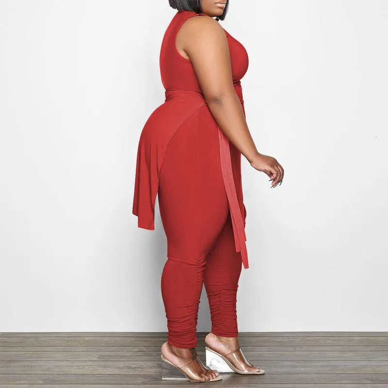 Solid Sleeveless Slit 2PCS Pants Set