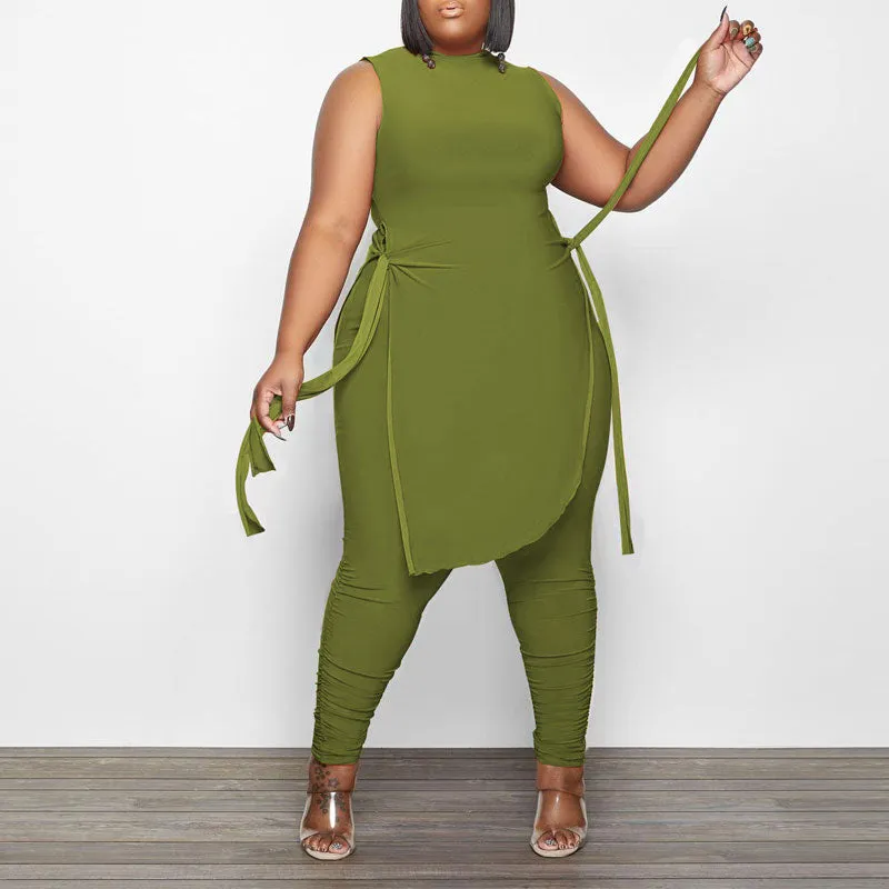 Solid Sleeveless Slit 2PCS Pants Set