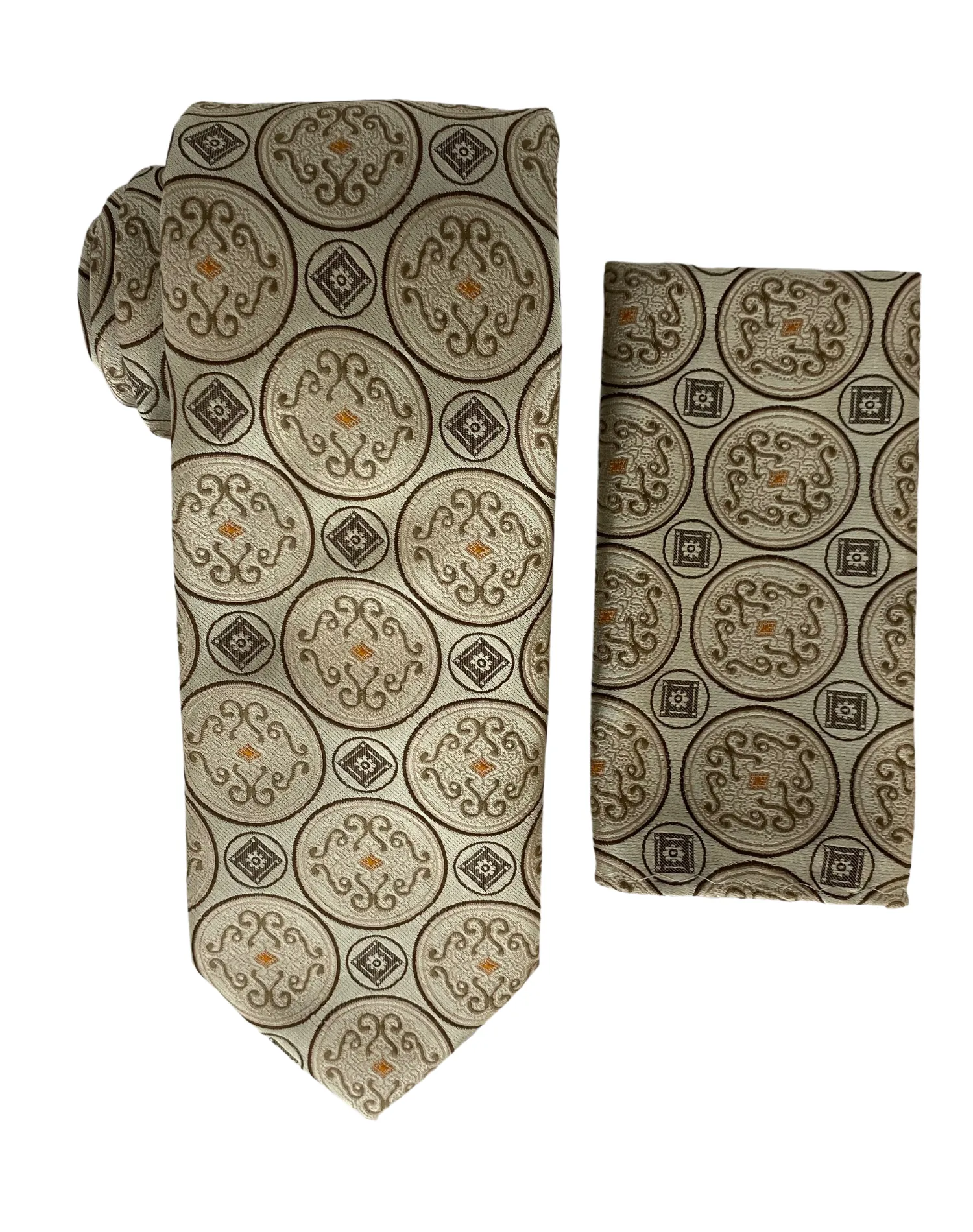 Stacy Adams Medallion Tie and Handkerchief - Beige Tan
