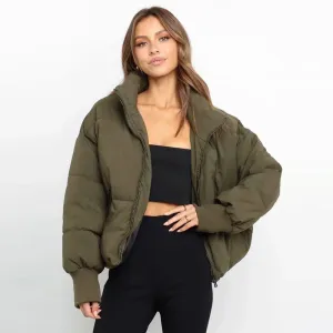 Stand Collar Side Pocket Zip Front Long Sleeve Puffer Jacket - Army Green