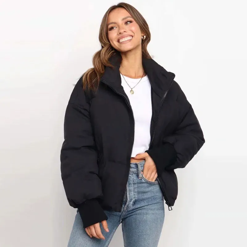 Stand Collar Side Pocket Zip Front Long Sleeve Puffer Jacket - Black
