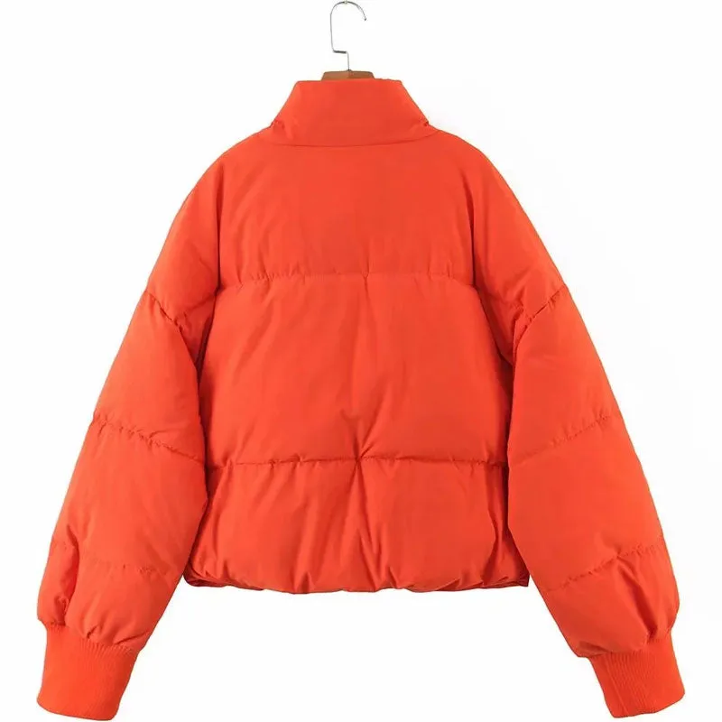 Stand Collar Side Pocket Zip Front Long Sleeve Puffer Jacket - Burnt Orange