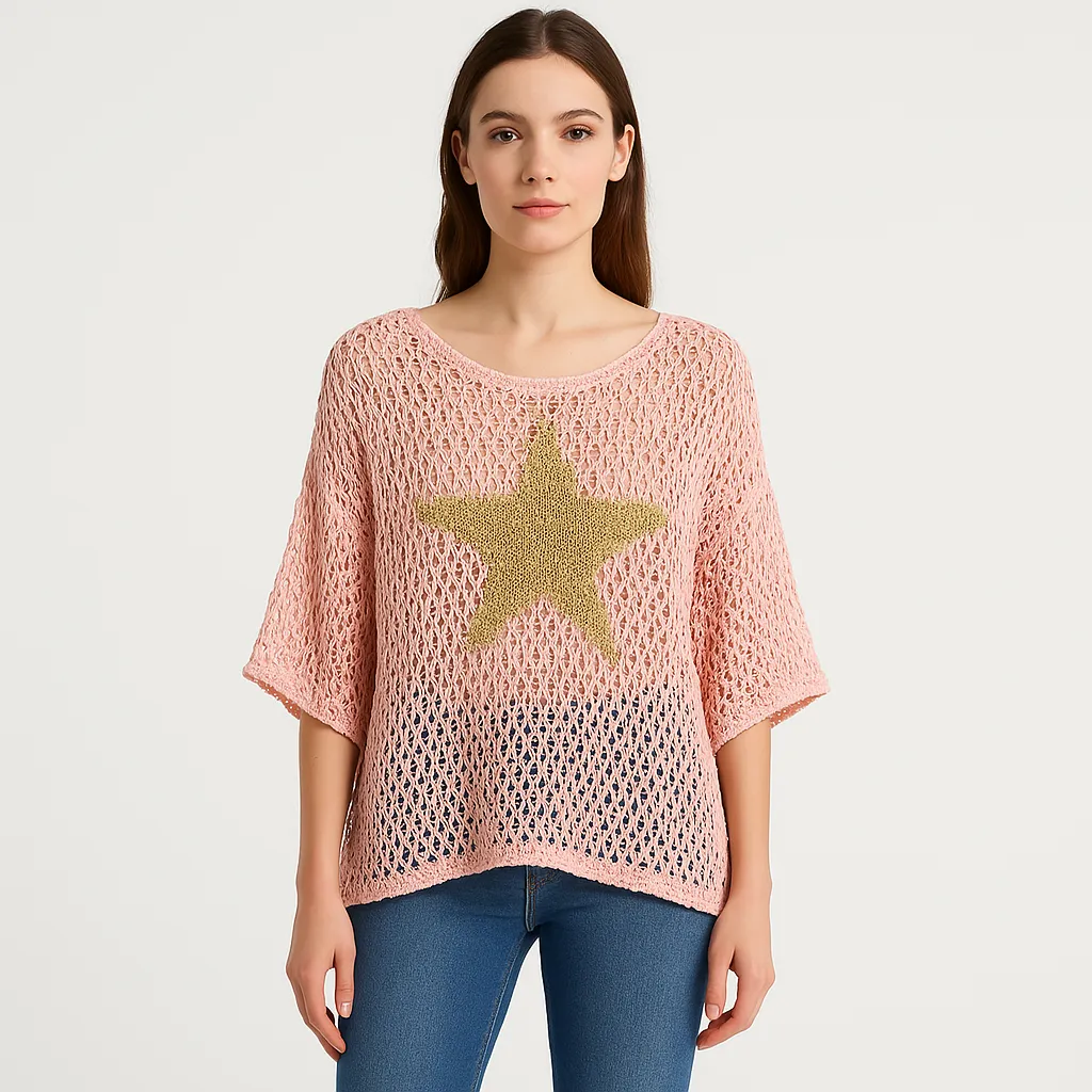 Star Knit Mesh Sweater | Lightweight Cotton Blend | Casual Statement