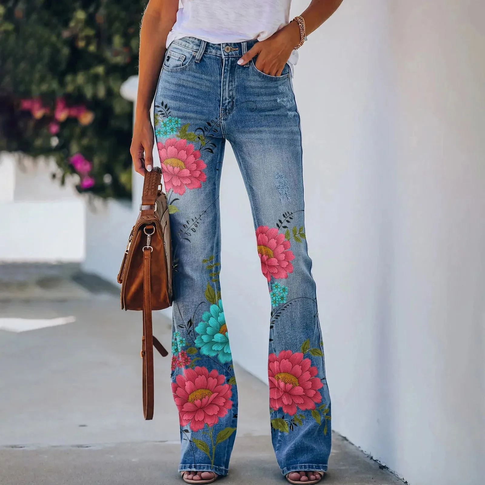Summer Women Cargo Pants Cotton High Waist Jeans Printed Pattern Flared Hem Jeans Stretch Flared Bottoms Hiking Pants Streetwear