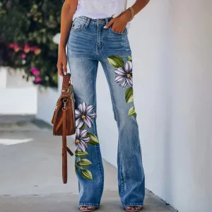 Summer Women Cargo Pants Cotton High Waist Jeans Printed Pattern Flared Hem Jeans Stretch Flared Bottoms Hiking Pants Streetwear