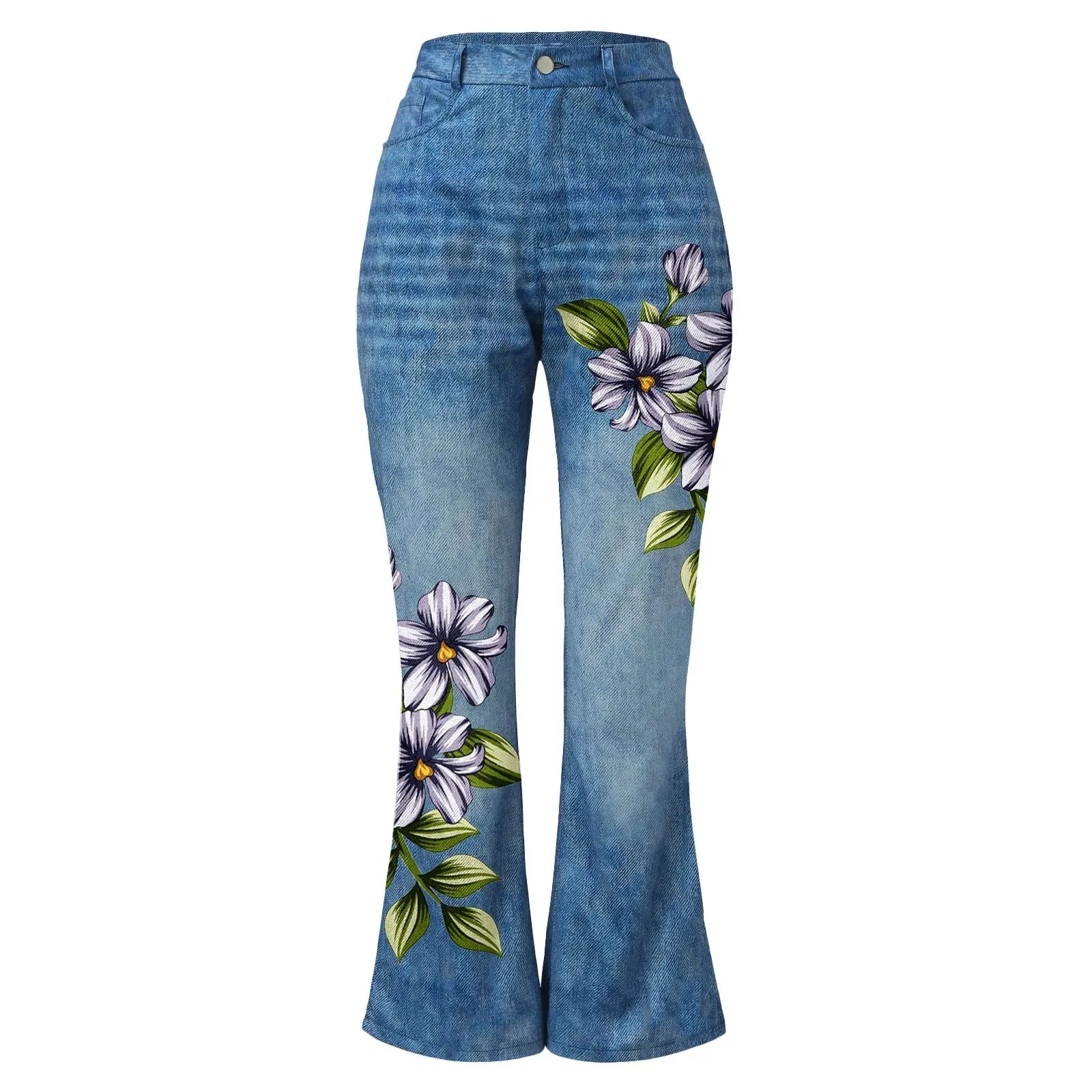 Summer Women Cargo Pants Cotton High Waist Jeans Printed Pattern Flared Hem Jeans Stretch Flared Bottoms Hiking Pants Streetwear