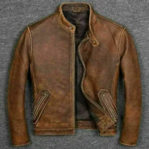 Tan Brown Cafe Racer Vintage Biker Men's Motorcycle Distressed Leather Jacket