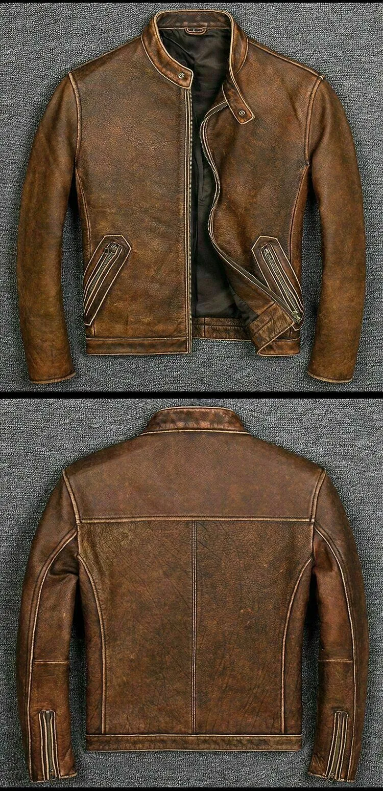 Tan Brown Cafe Racer Vintage Biker Men's Motorcycle Distressed Leather Jacket