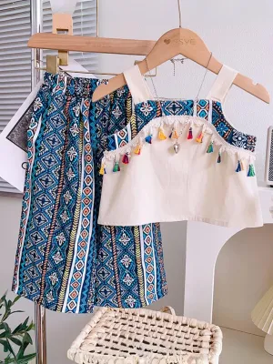 Tassel Charm Boho Print Wide Leg Pants Set