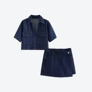 Trendy Denim Top and Skirt Set